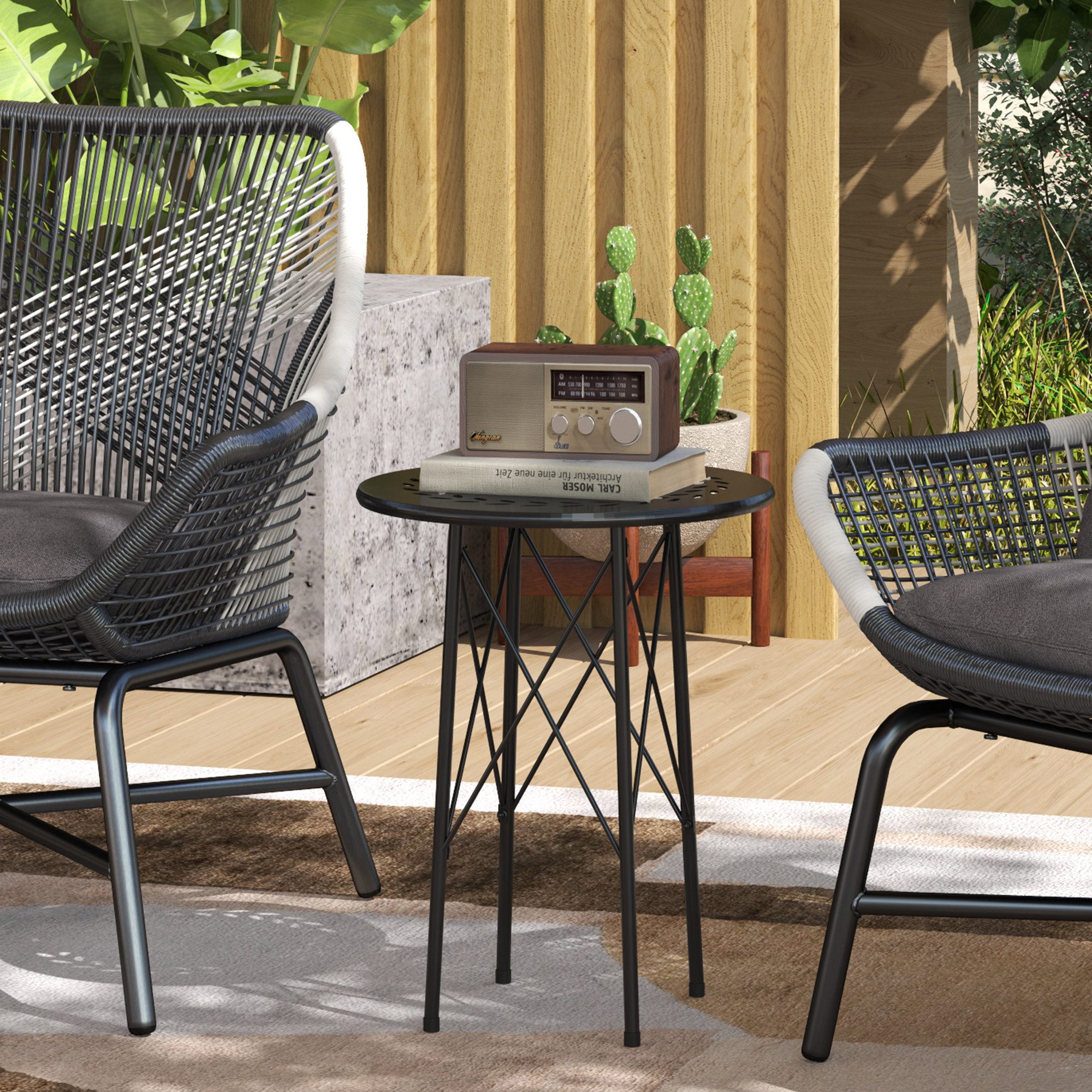 MODFU Gartentisch Ø40x50 cm Runder Gartentisch Schwarz mit Blumenmuster Stahl (Packung, 1-St., kleiner Beistelltisch, Balkon Tisch, Outdoor Tisch), Terrassentisch & Bistrotisch für drinnen und draußen