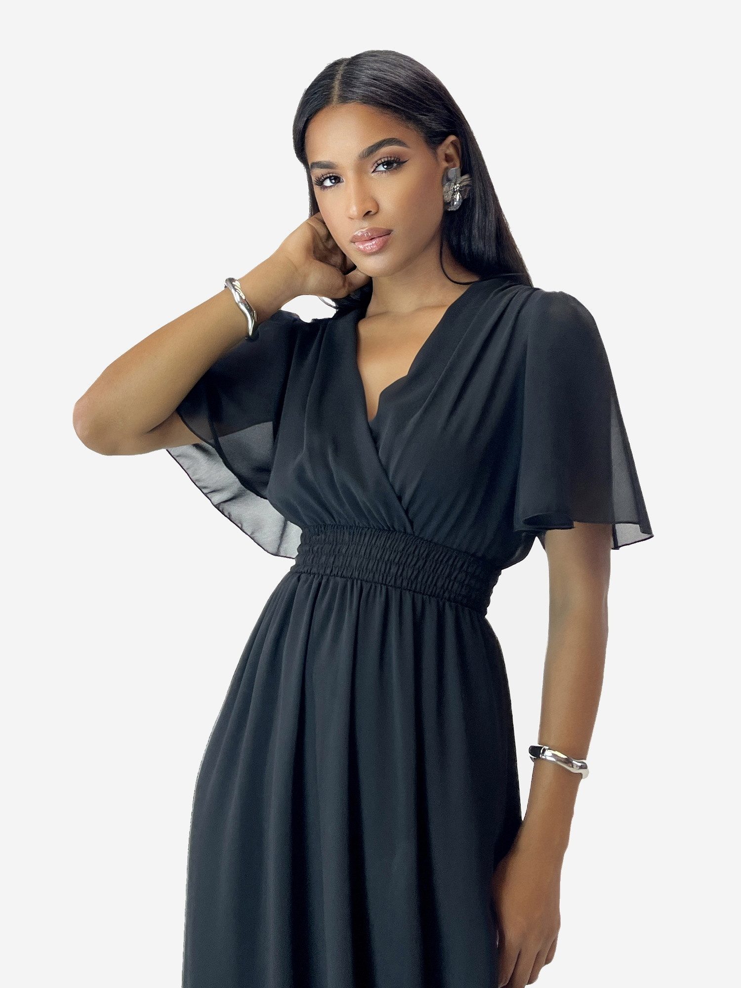 Elara Maxikleid — Damen Sommerkleid mit Wickeloptik, Smoktaille & Flügelärmeln (1-tlg) – Bild 4 von 5