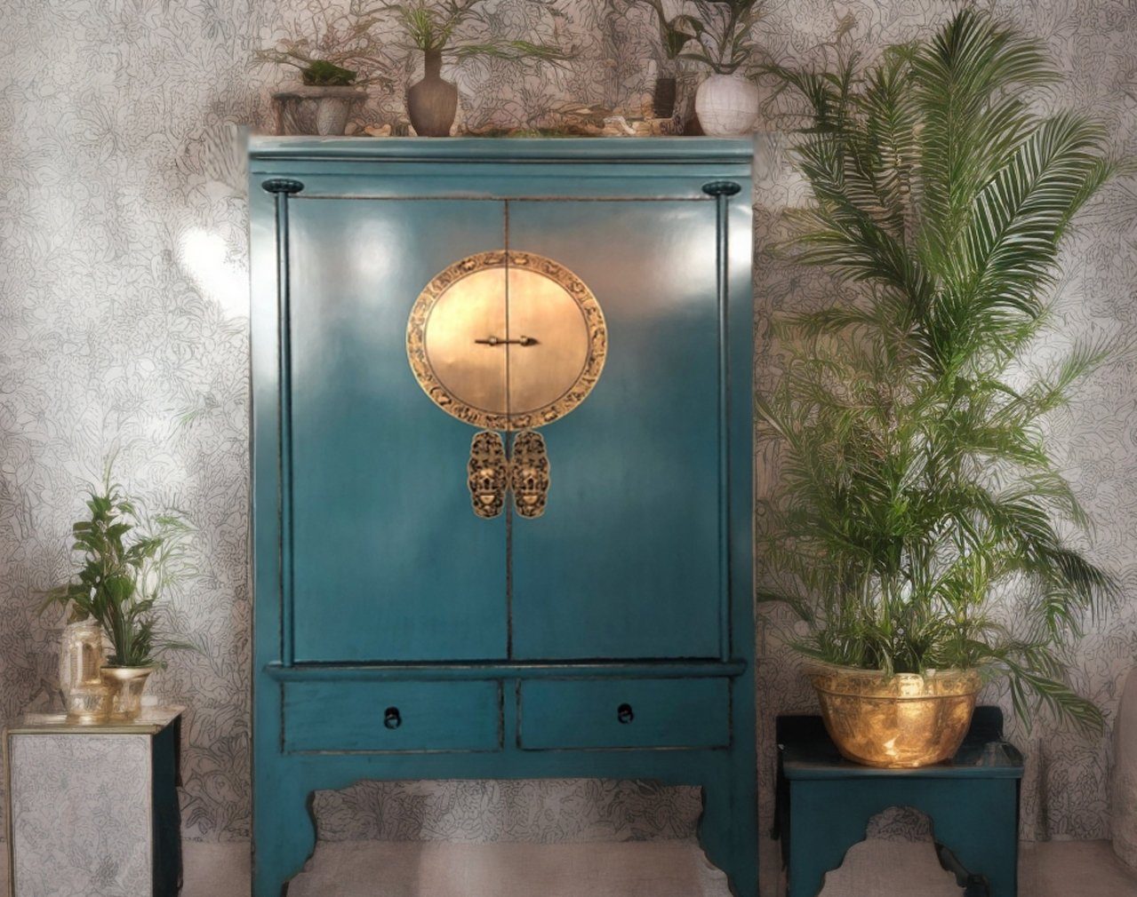 OPIUM OUTLET Kleiderschrank Chinesischer Hochzeitsschrank im Vintage-Stil (Breite x Tiefe x Höhe 105 x 55 x 175 cm, orientalischer Schrank Kommode, Asia Möbel komplett montiert Holz Landhaus-Stil shabby-chic) asiatisch