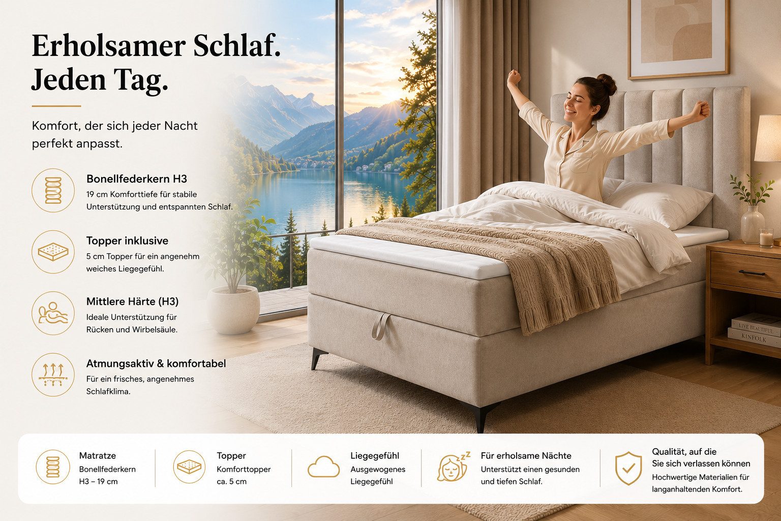 Best for Home Boxspringbett K10 Single SLIM mit Bettkasten & Bonellfederkernmatratze, Topper H3 (Einzelbett, Polsterbett, Kinderbett, Juniorbett, Hotelbett, 70x – Bild 4 von 5