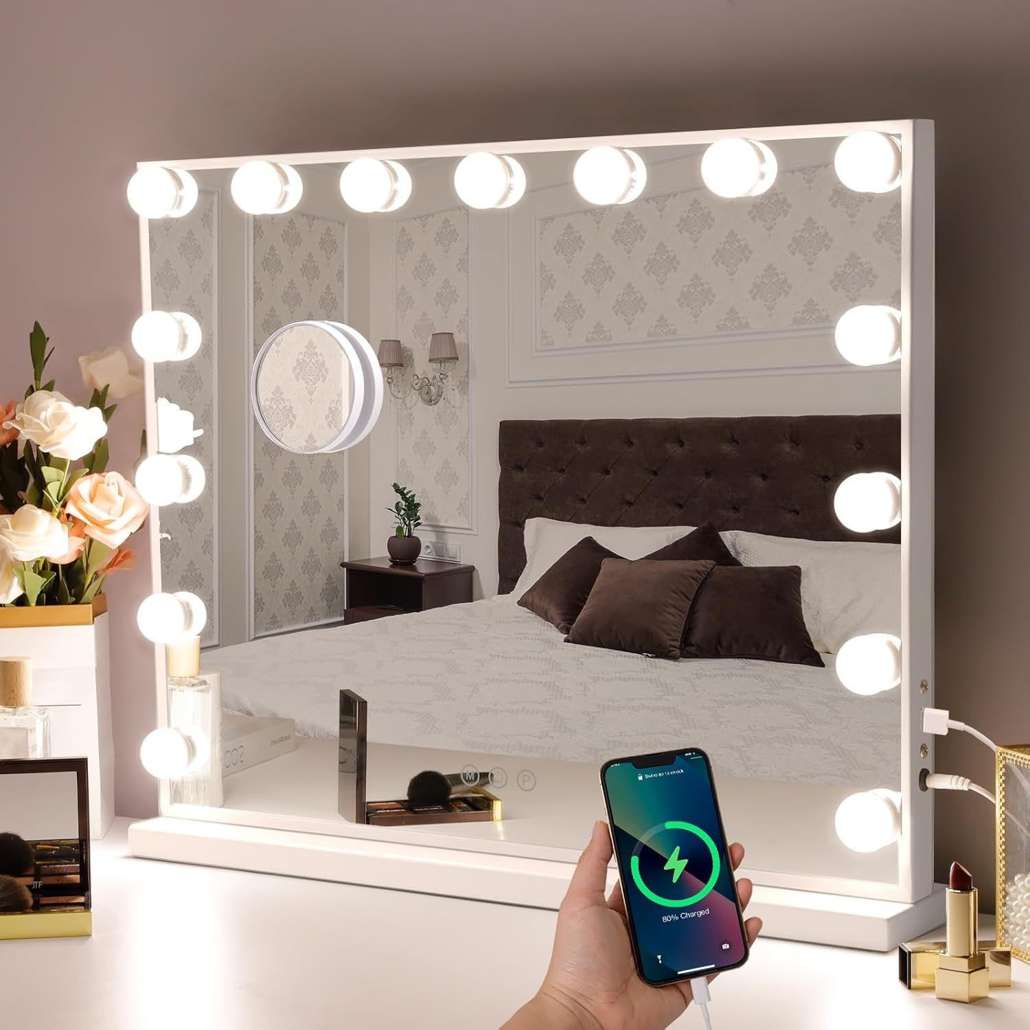 oyajia Schminkspiegel Bluetooth Hollywood Spiegel, Schminkspiegel mit Beleuchtung und USB (3-farbig einstellbares Licht mit Memory-Funktion, 1-St., Mit Musiklautsprecher, Touchscreen), Schminkspiegel mit 15/18 LED-Leuchten, stufenlos dimmbar