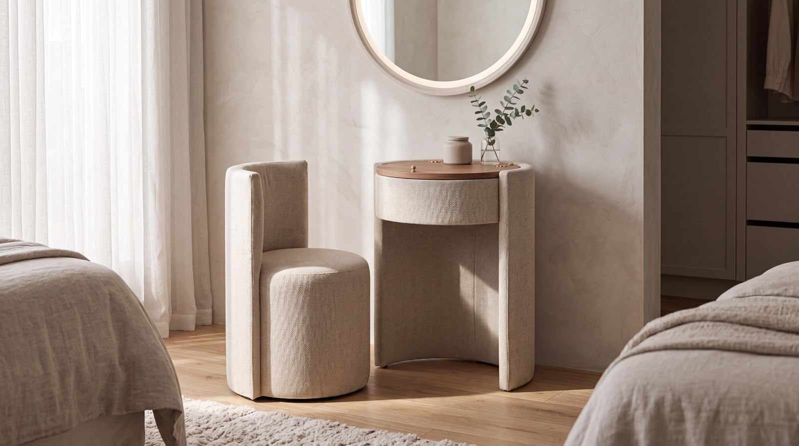 Skye Decor Schminktisch Sedora Minimalist Japandi (Set, 2-St., 2 Teilig Schminktisch mit passendem Stuhl), Kompaktes Design mit integriertem Stauraum und Spiege – Bild 5 von 5