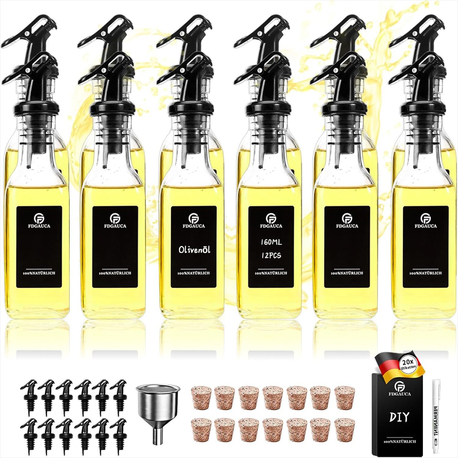 Ölspender 12Stk.160ml Ölflasche mit Ausgießer Glas, Öl Essig Spender