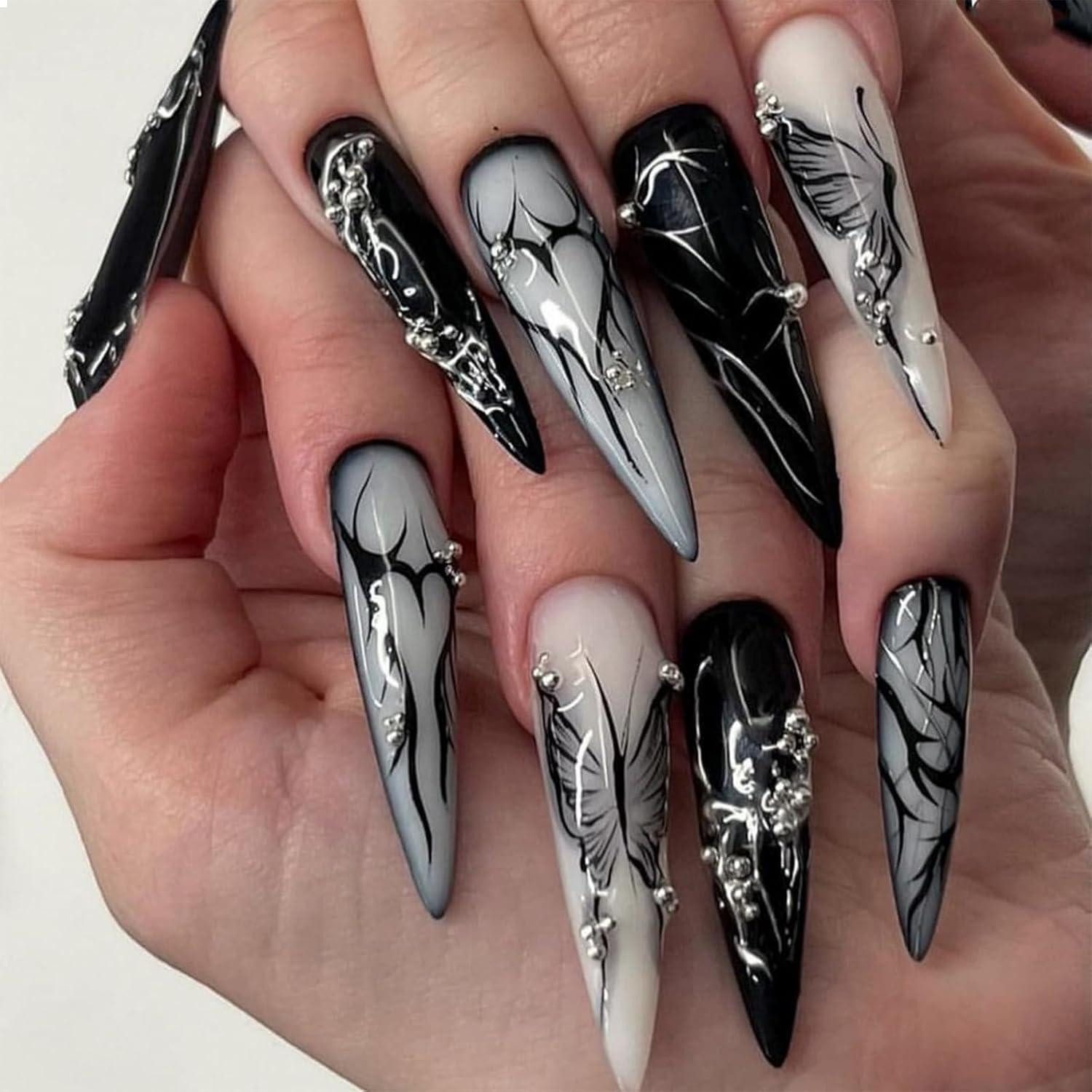 LuxusKollektion Kunstfingernägel 24 Stück Lange Stiletto Goth Schwarz Kunstnägel Glänzend Mandel Nagel