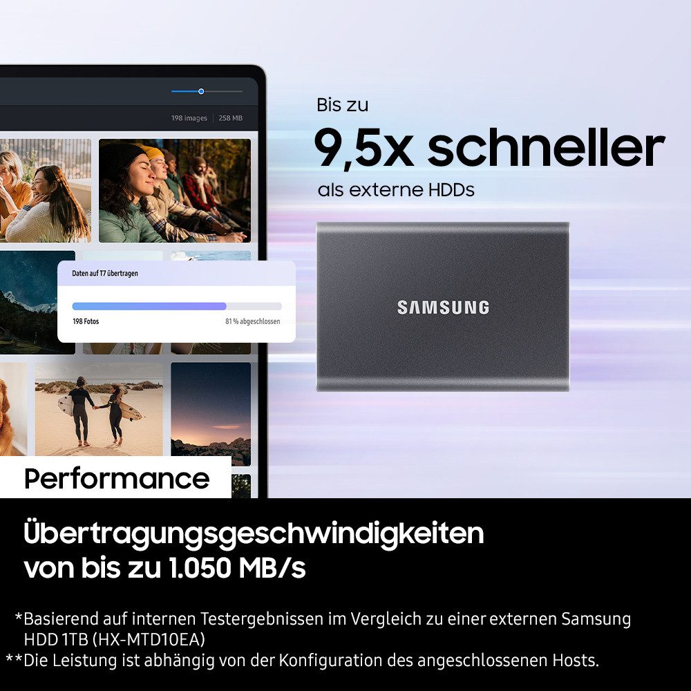 Samsung T7 externe SSD (1 TB) 3,5" 1050 MB/S Lesegeschwindigkeit, 1000 MB/S Schreibgeschwindigkeit