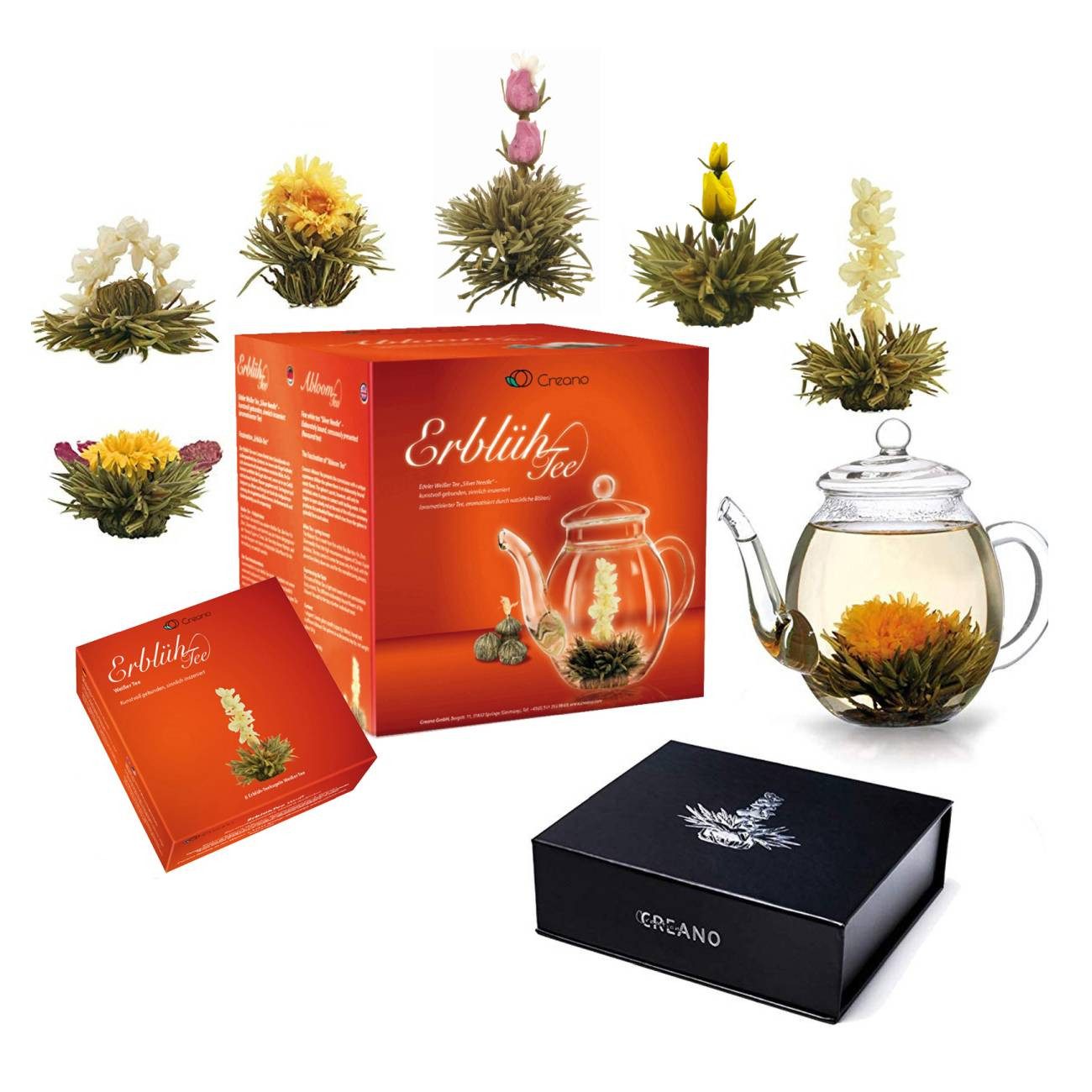 Creano Tee Teeblumen Mix Geschenkset "ErblühTee", Glaskanne, 6 Teekugeln Weißtee, 1 x 6 St.