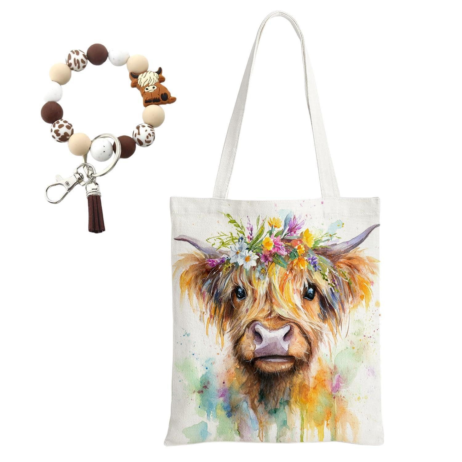 LuxusKollektion Einkaufsshopper Highland Cow Canva Tasche mit Schlüsselanhänger groß