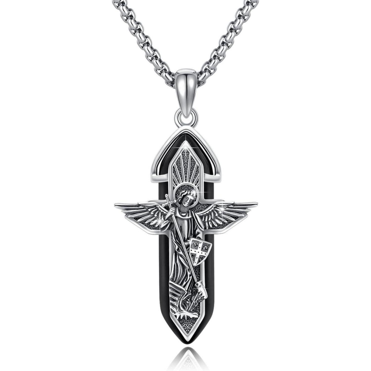 LuxusKollektion Kette mit Anhänger TRISHULA Erzengel Michael Amulett Halskette Schwarz Silber