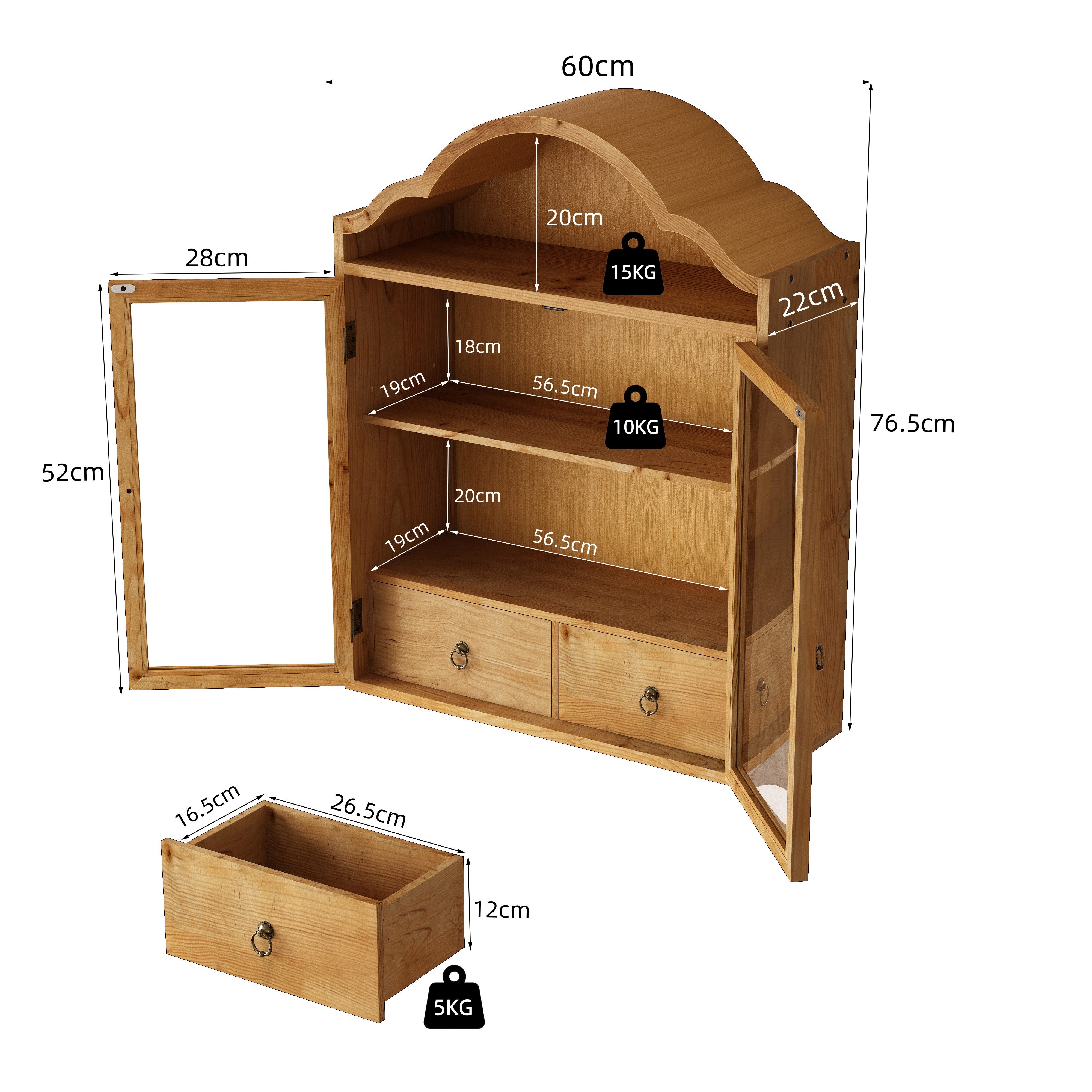 Celya Hängeschrank Retro Wandschrank Mit Geschwungenem Wellendach Und Schubladen (Einsetzbar Für Küche, Badezimmer, Esszimmer Und Wohnzimmer) mit verstellbaren Einlegeböden, 2 Türen, 2 Schubladen