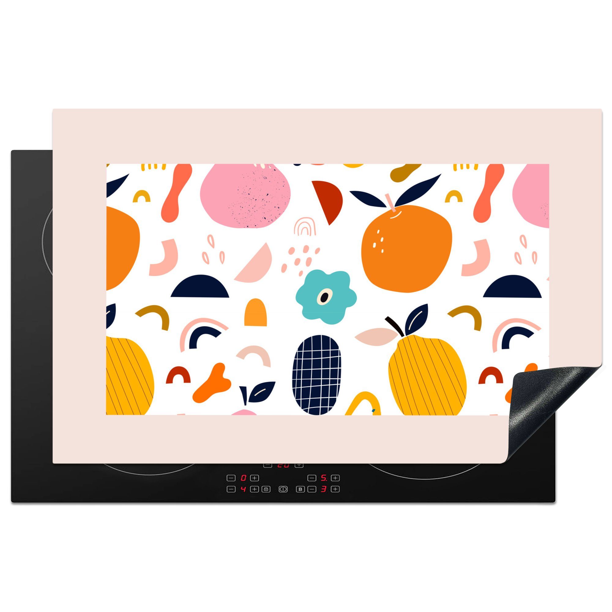 MuchoWow Herdblende-/Abdeckplatte Blumen - Obst - Muster - Pastell - Rosa, Vinyl, (1 tlg), 81x52 cm, Induktionskochfeld Schutz für die küche, Ceranfeldabdeckung