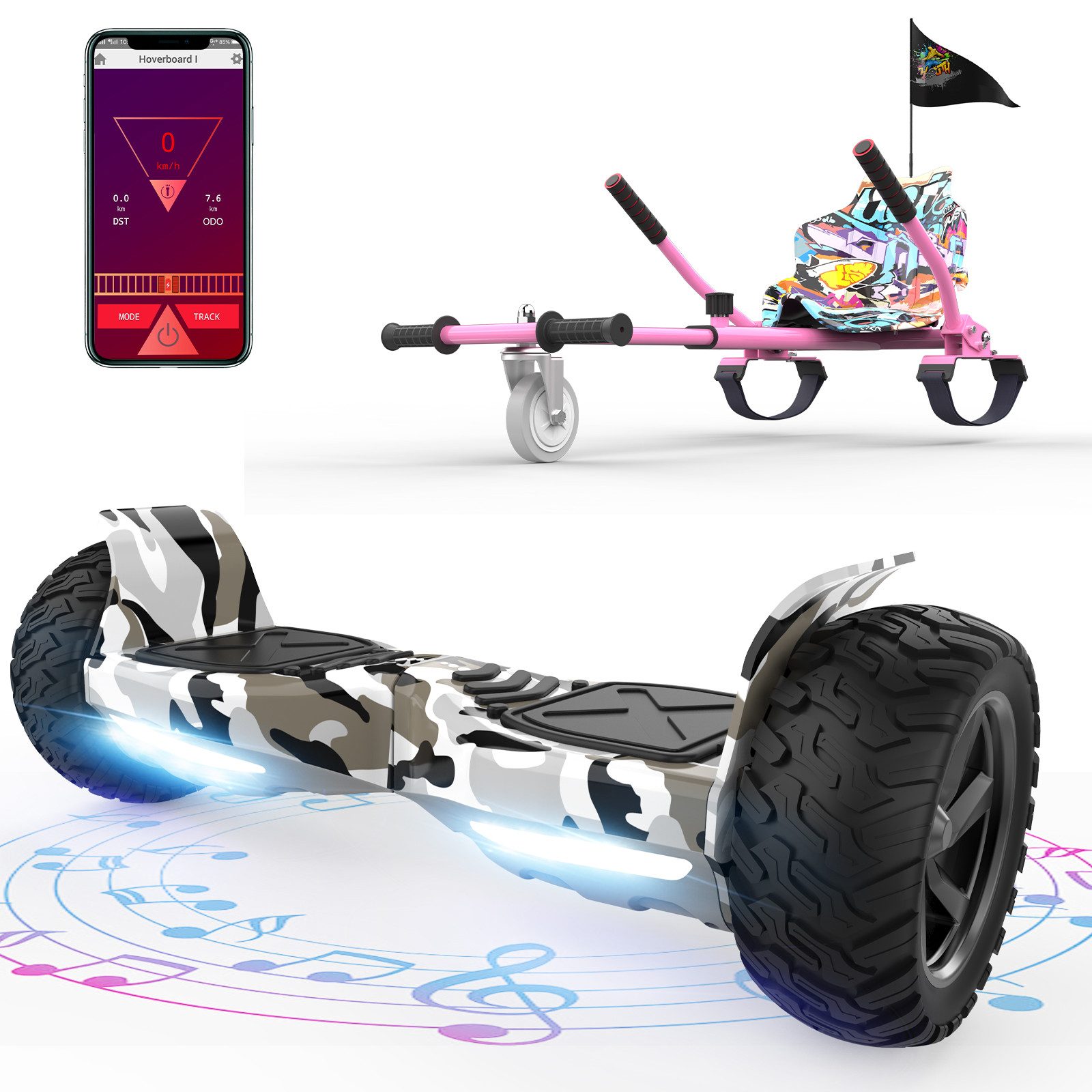 RCB TECH Balance Scooter Kart Set, 8,5'' Off-Road SUV Hoverboard mit Sitz, Go-Kart, APP, Bluetooth