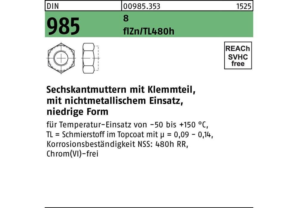 Sechskantmutter Sechskantmutter DIN 985 m.Klemmteil M 14 8 flZn/nc/TL/x/480h/C