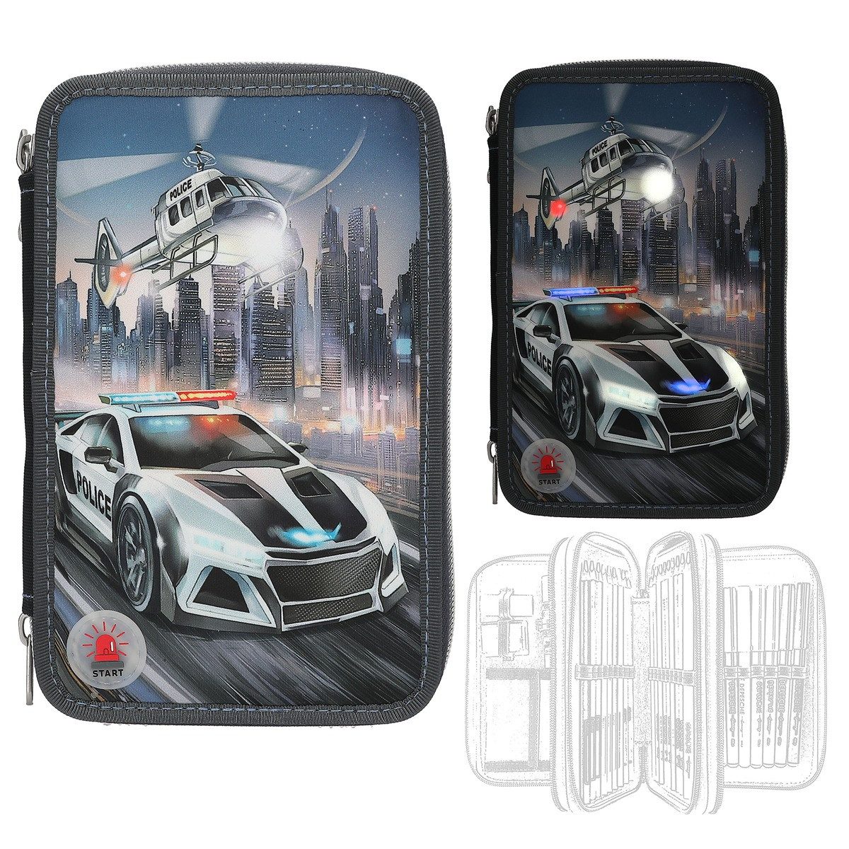 Depesche Federtasche DEPESCHE MONSTER CARS Federtasche LED Polizeiauto 3-Fach gefüllt schwa