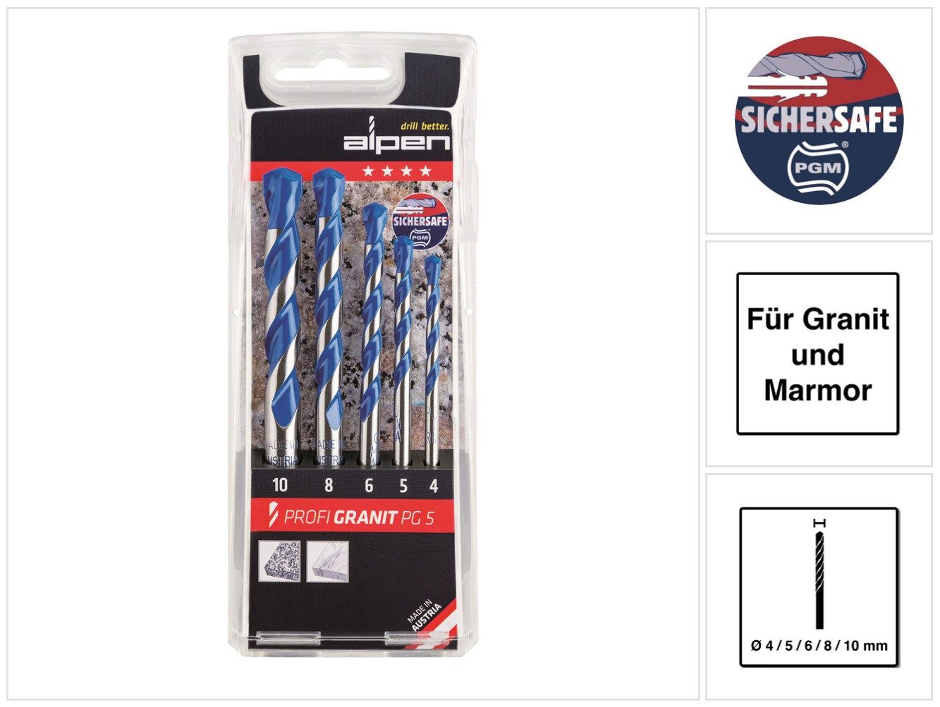 Alpen Betonbohrer Profi Granit PG 5 tlg. Hartmetall Granitbohrer Set 4 - 10 mm DIN ISO