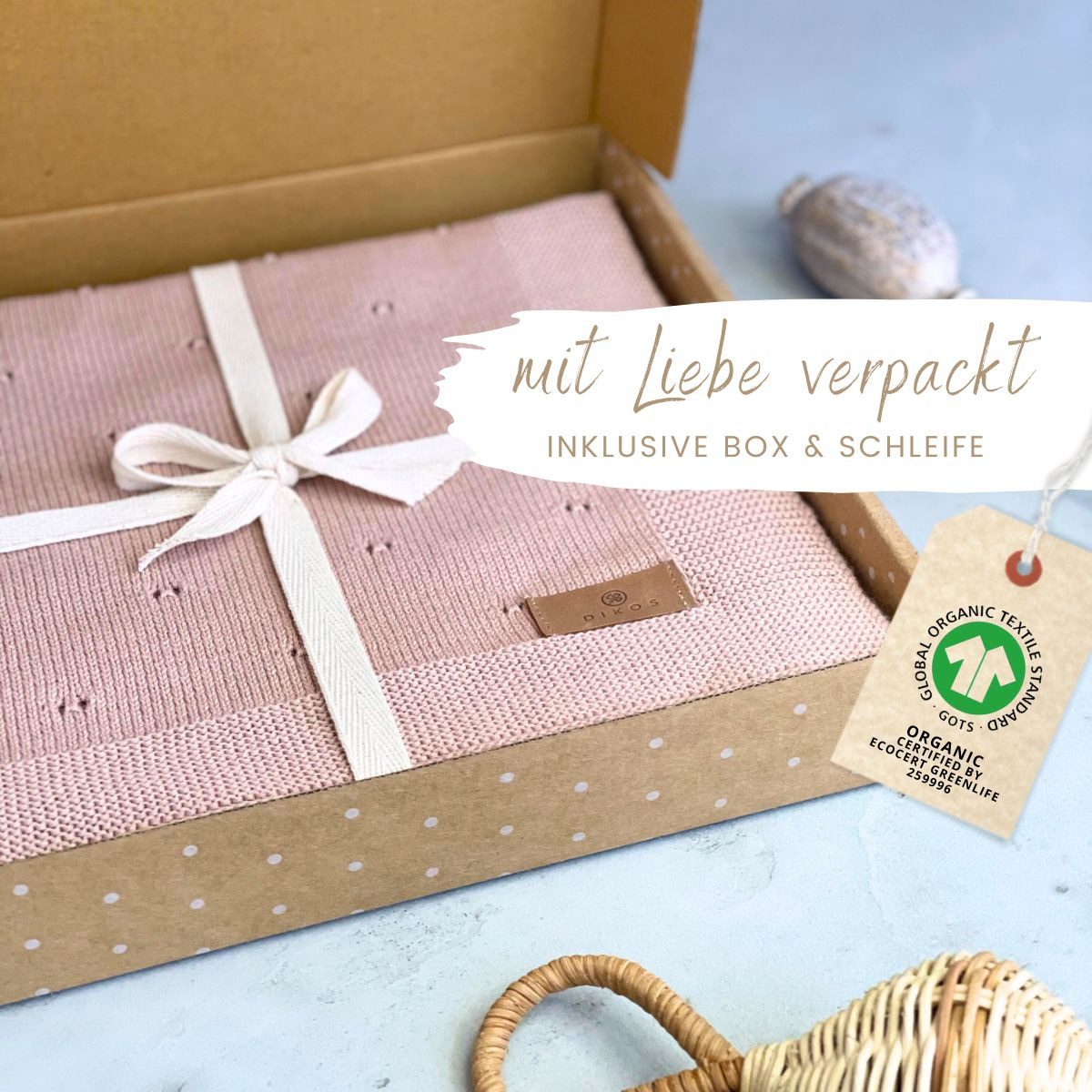 Babydecke DIKOS® Babydecke aus *100%* Bio Baumwolle, Strickdecke, Geschenk, DIKOS, PREMIUM Qualität, 75x100 cm, atmungsaktiv, nachhaltig, kuschelweich