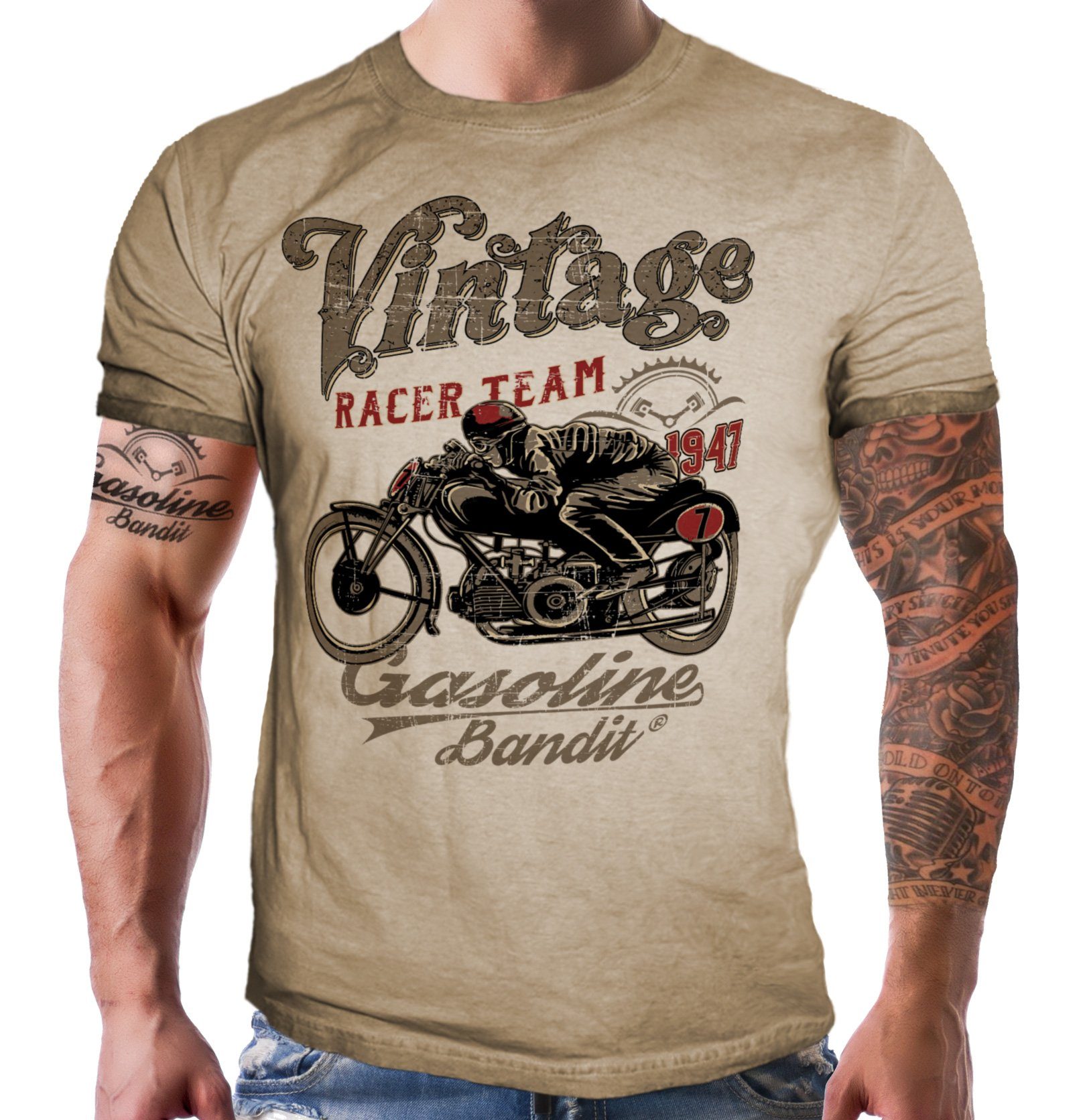T-Shirt für Biker in Sand Washed Optik: Vintage Racer Team