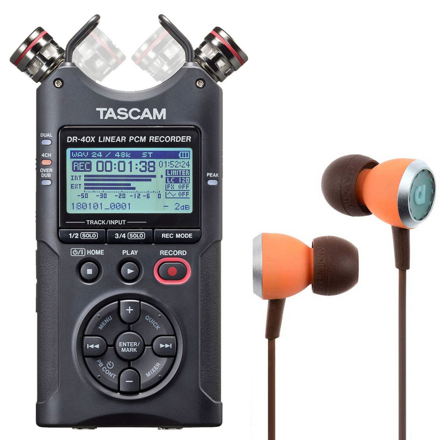 Tascam DR-40X Audio-Recorder mit Audiofly Ohrhörer Digitales Aufnahmegerät