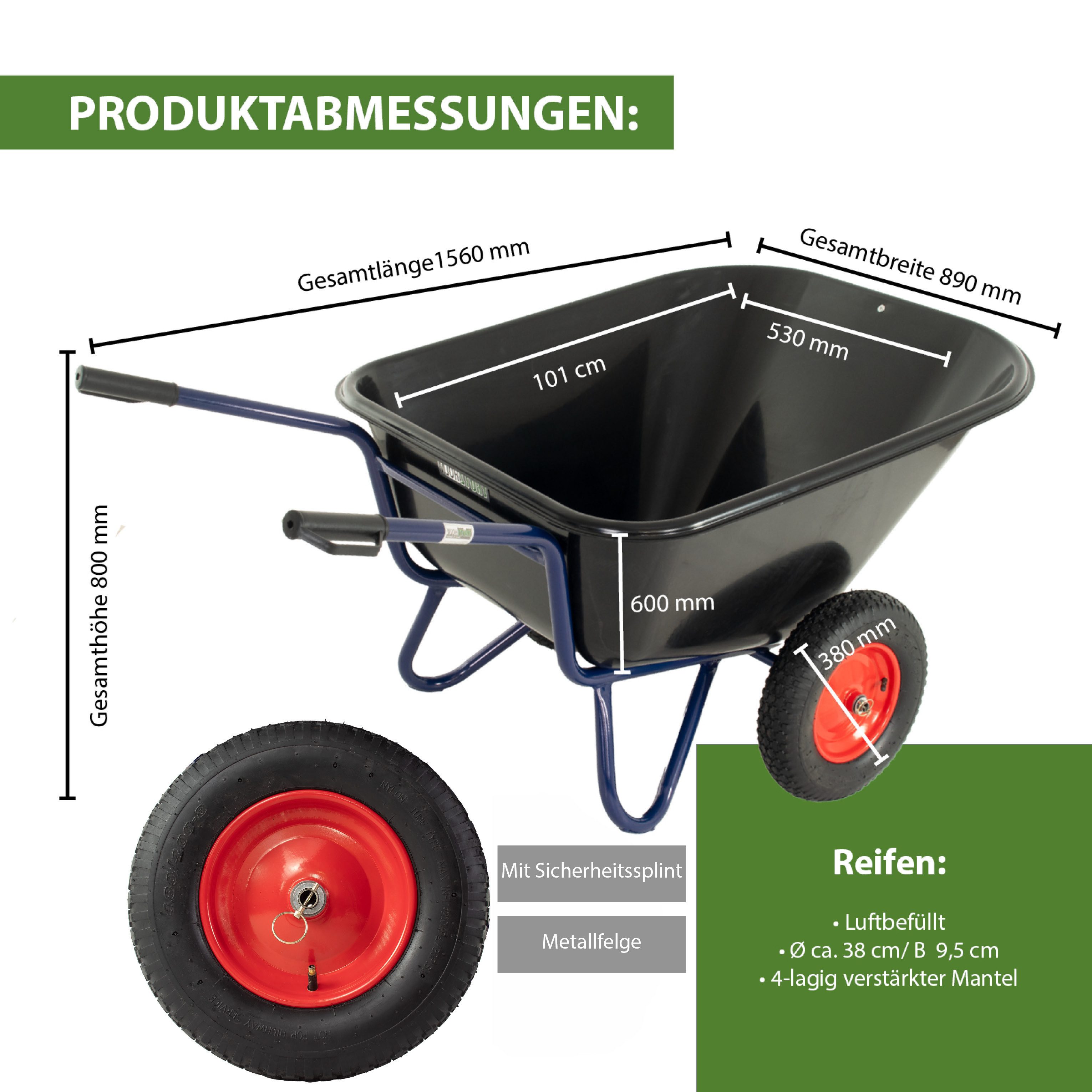 TRUTZHOLM Schubkarre 2-Rad 290 L 300 kg Gartenschubkarre Hofkarre Schiebkarre Futterkarre, (Artikel, 1-tlg), hoheTragfähigkeit