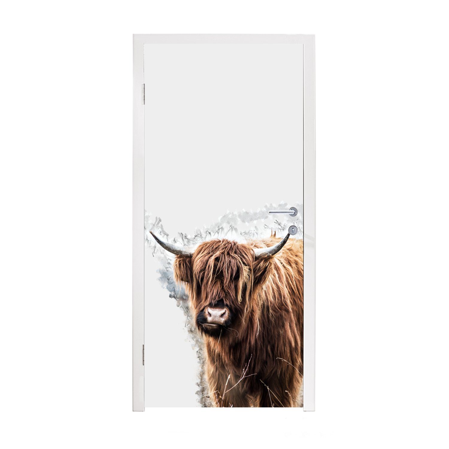 MuchoWow Türtapete Schottischer Highlander - Farbe - Grau, Matt, bedruckt, (1 St), Fototapete für Tür, Türaufkleber, 75x205 cm