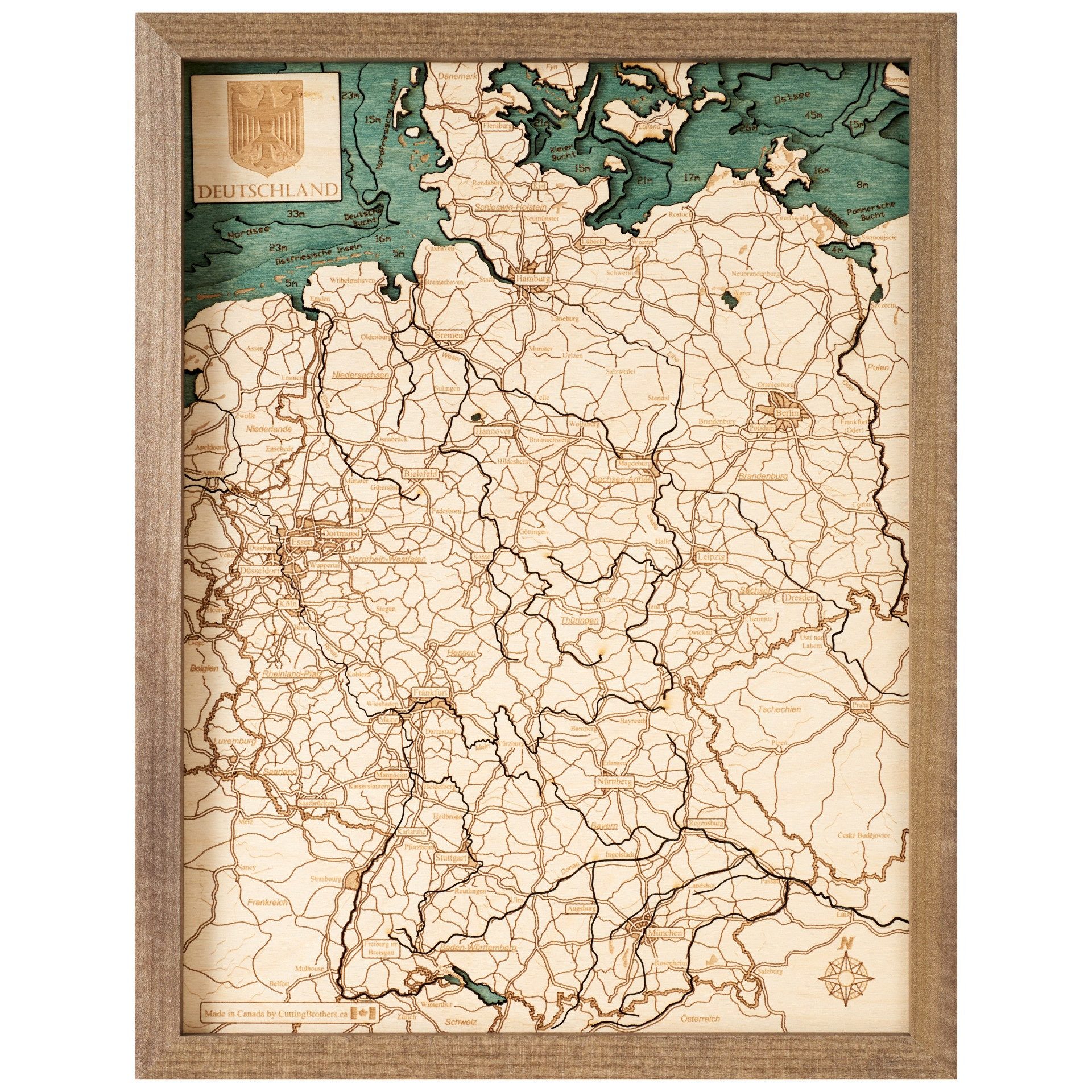 Cutting Brothers Holzbild Deutschland 30.5x40.5 cm, 3D Holz-Wandkarte, handgefertigt aus Echtholz