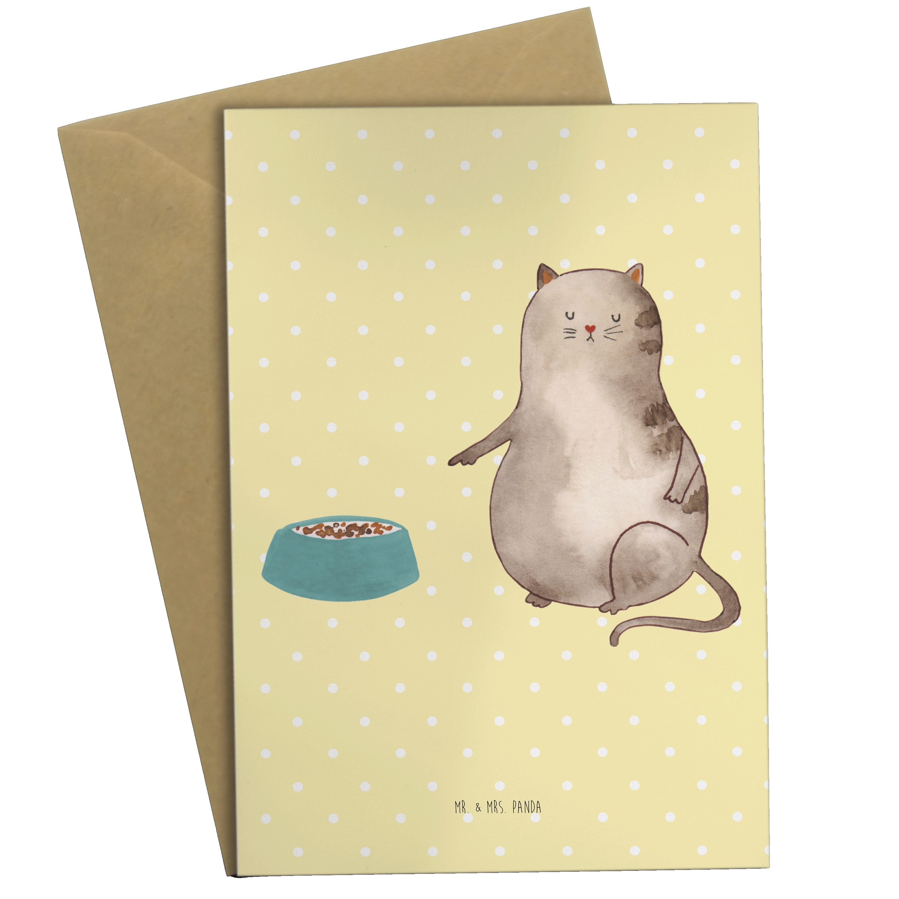 Mr. & Mrs. Panda Grußkarte Katze fressen - Gelb Pastell - Geschenk, Katzenfreund, Geburtstagskar