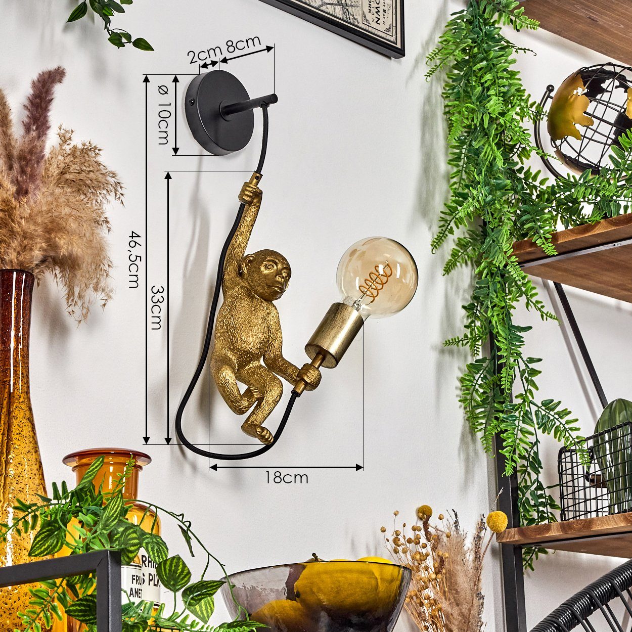 hofstein Wandleuchte »Villafranca« Wandlampe aus Metall/Kunststoff in Schwarz/Goldfarben, ohne Leuchtmittel, 1xE27, Wandspot im Retro/Vintage Design mit Figur eines Affen