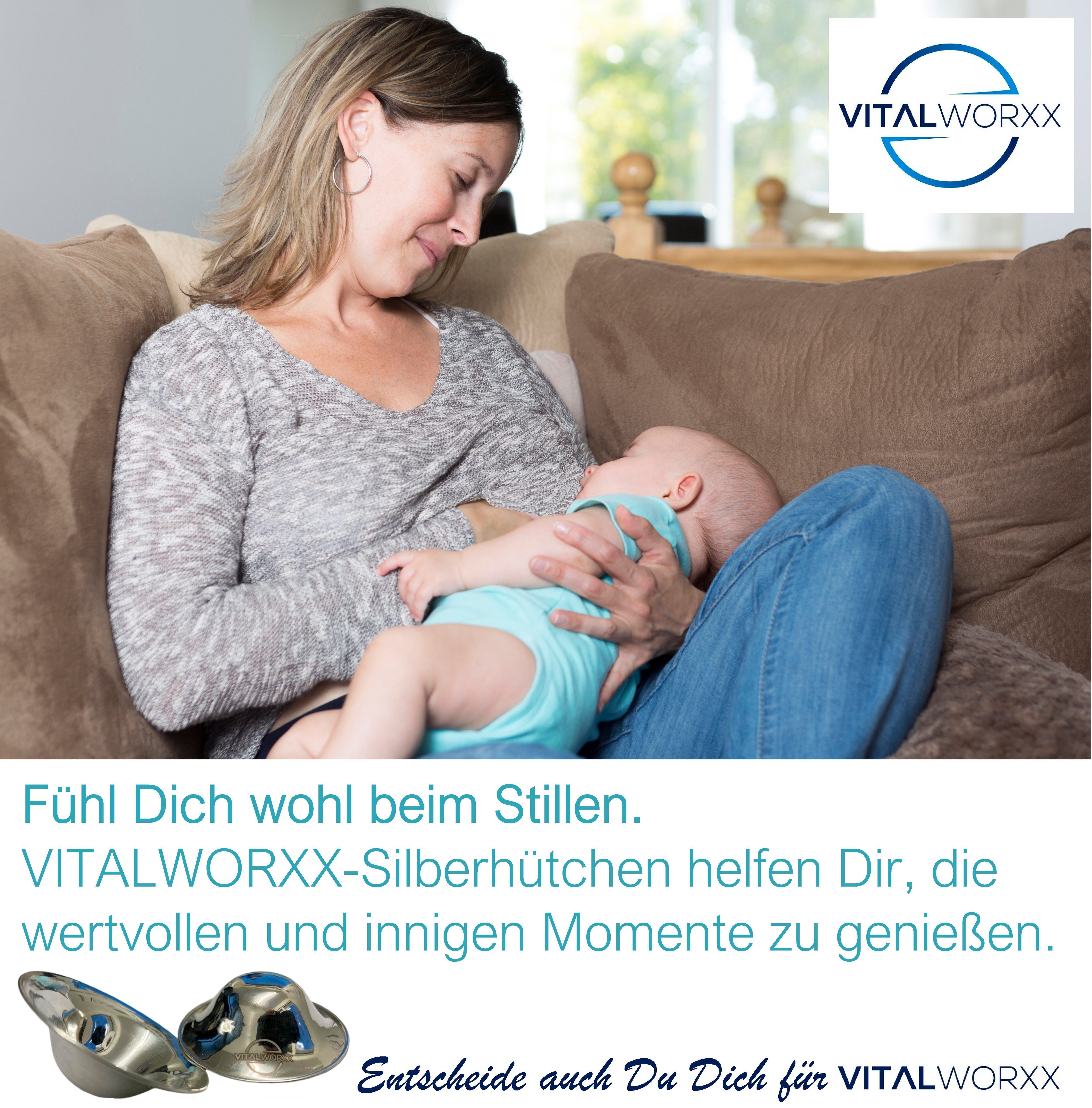 VITALWORXX Stillhütchen 2 Stück Silberhütchen - schnelle Hilfe bei empfindlichen Brustwarzen (Komplett-Sorglos-Paket), massives 999-er Feinsilber (Sterlingsilber)