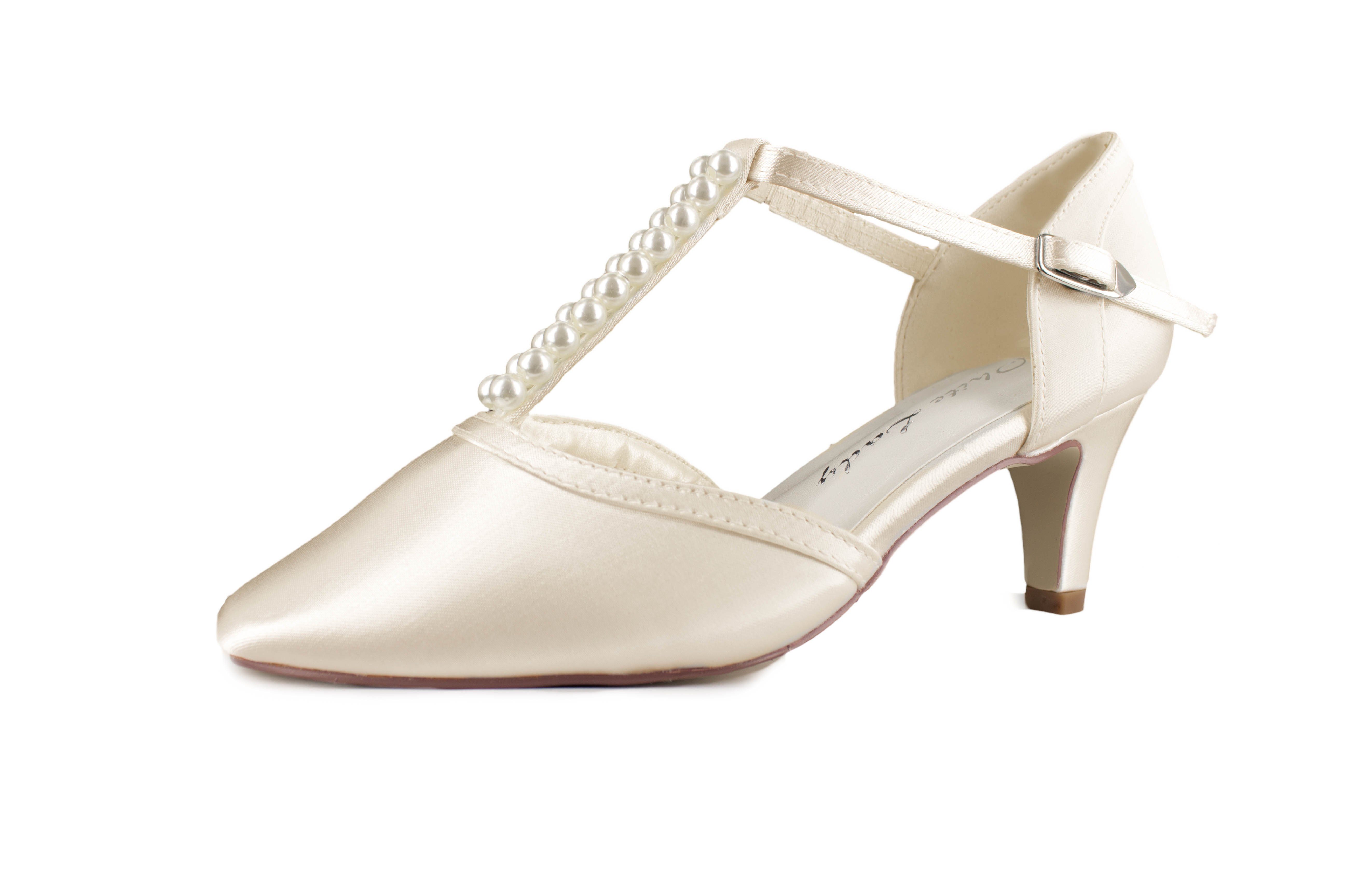 White Lady 877 ivory Satin - einfärbbare Perlen Brautschuhe T-Strap Туфли