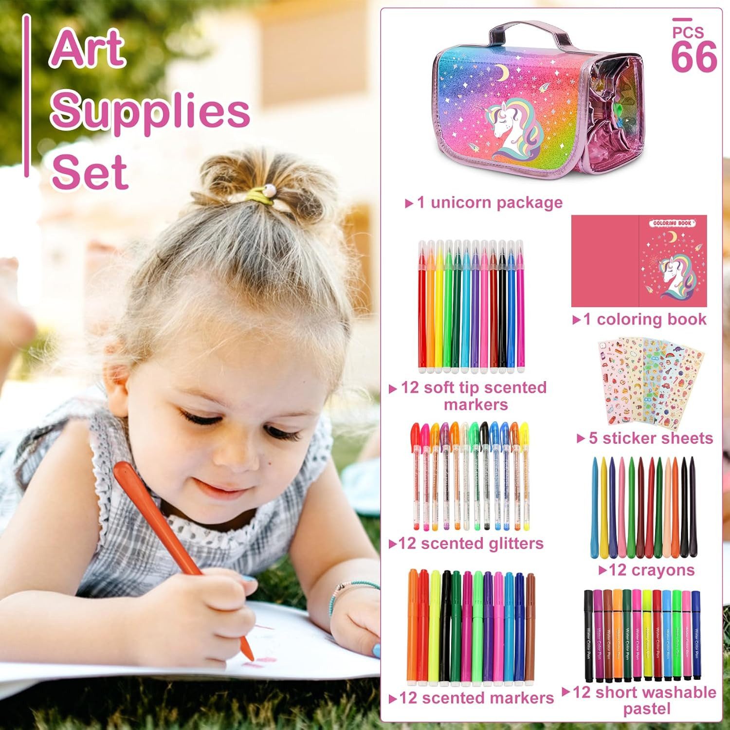 Tozkizm Malstift Einhorn Marker Set 66-teilig Kinder Malset Federmäppchen Duftmarkern, (Einhorn Marker Malset 66-teilig mit Duftmarkern Glitzerstiften und Kreid – Bild 2 von 5