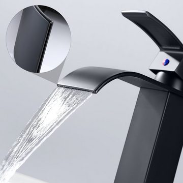 Auralum Waschtischarmatur Wasserfall Wasserhahn Badarmatur Waschbecken Mischbatterie (Armatur mit Pop Up Ablaufgarnitur) Schwarz