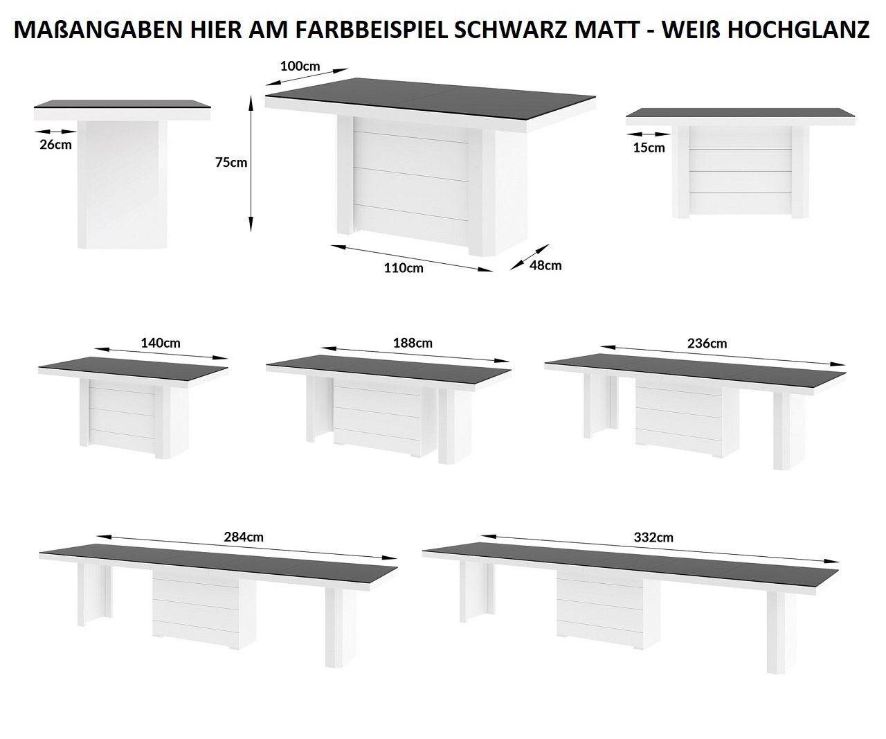ausziehbar Esstisch Hochglanz XXL Design Weiß / designimpex bis / Tisch matt Weiß HE-777 Weiß 332 140 MATT HOCHGLANZ