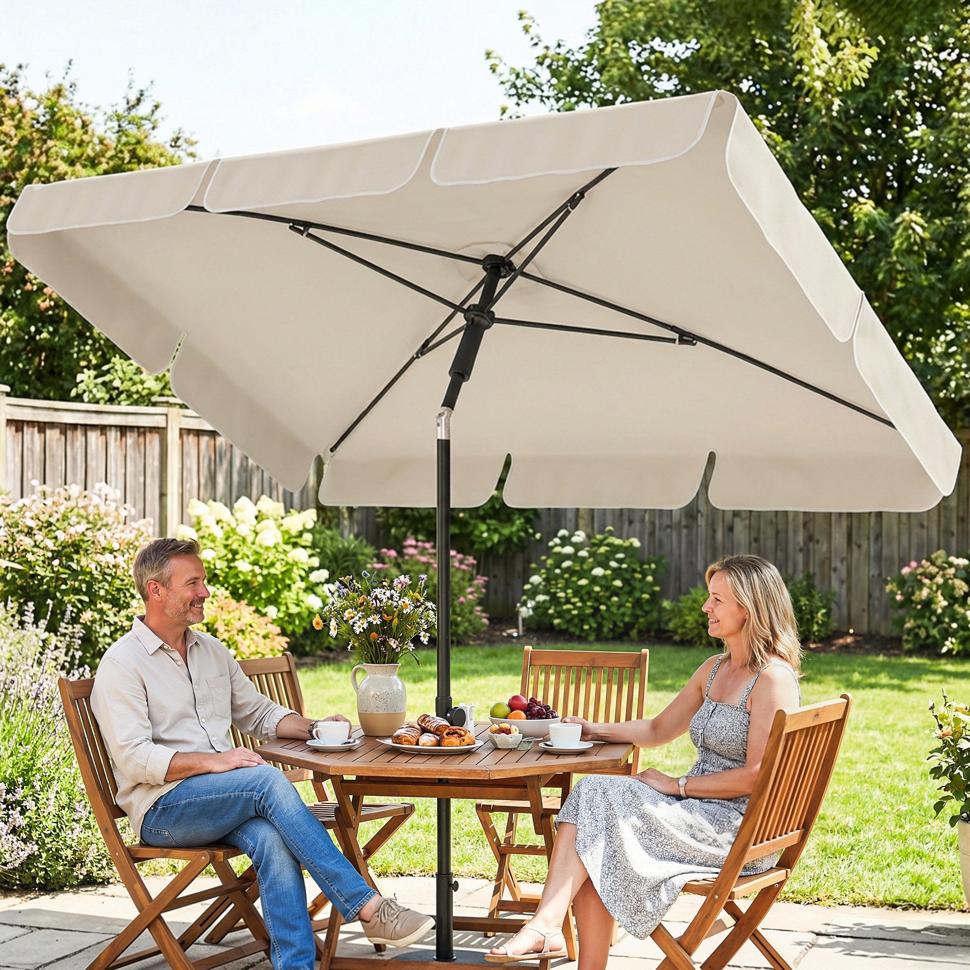 Outsunny Sonnenschirm Wasserabweisend Balkonschirm mit 3-fach Neigung 8 Streben, LxB: 183x122 cm, Wasserabweisend Balkonschirm, rechteckig Strandschirm, für Strand Balkon Garten, Beige