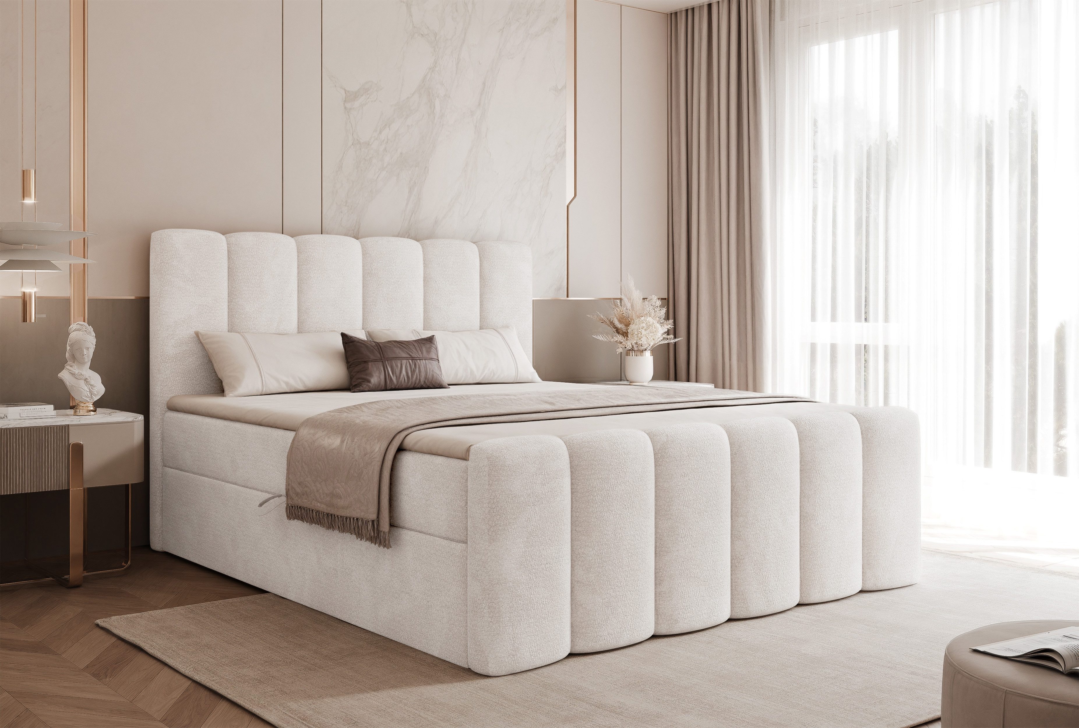 Goldstoff Boxspringbett Elegantes Bett "ETERNA" mit Stauraum & hohem Schlafkomfort (120–200x200 cm, Seitenhöhe: 54 cm), Modernes Polsterbett mit Stauraum & komfortabler Liegehöhe