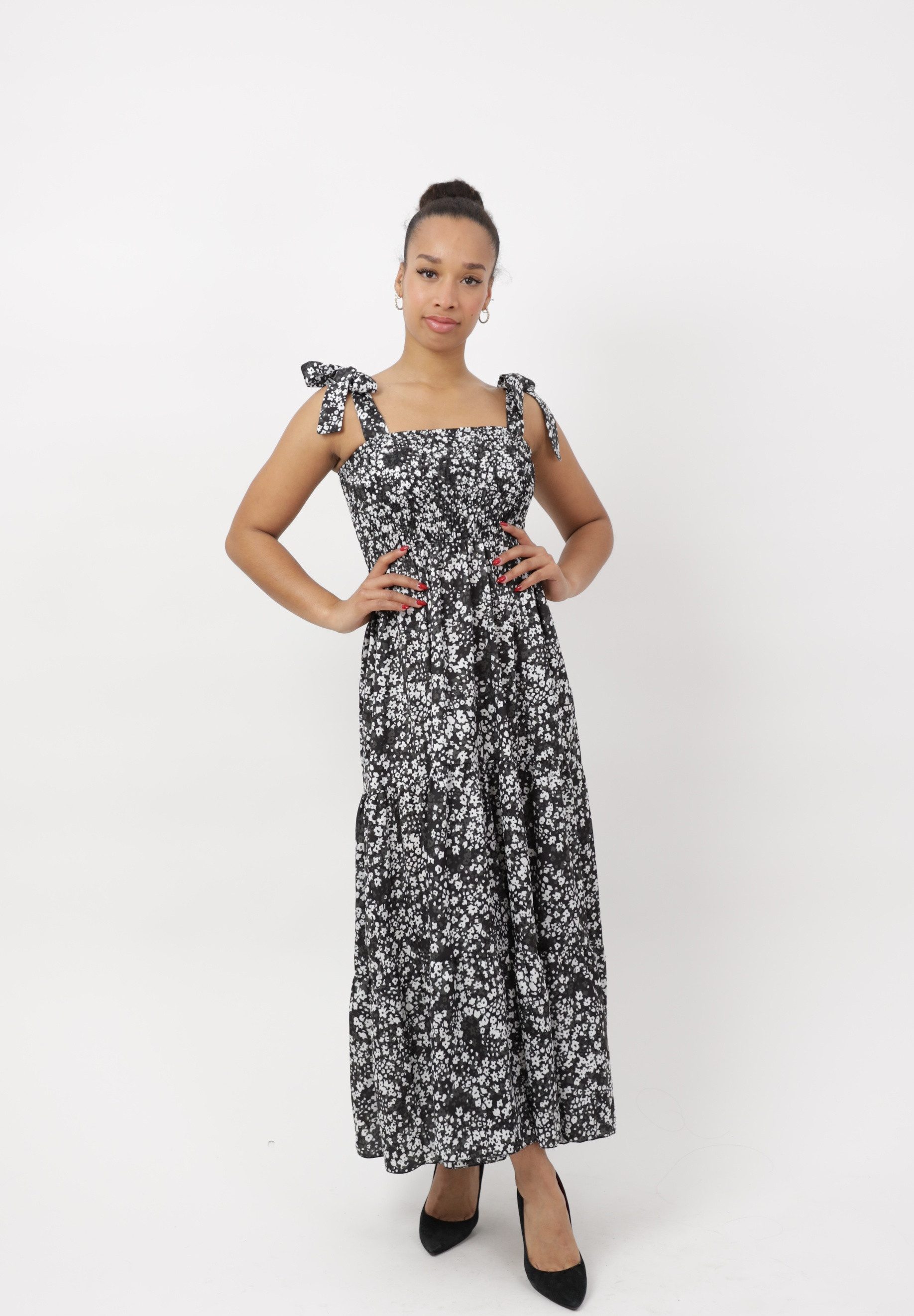 Elara Maxikleid Damen Maxikleid mit Blumenmuster und Schleifenträgern (1-tlg)