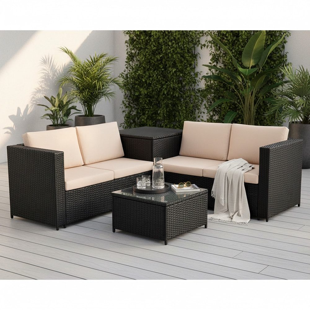 Mucola Gartenlounge-Set Polyrattan Sitzgruppe mit Auflagenbox Sitzgarnitur Gartengarnitur, (Set, 2-tlg., inkl.Tisch), Sicherheitsglasplatte