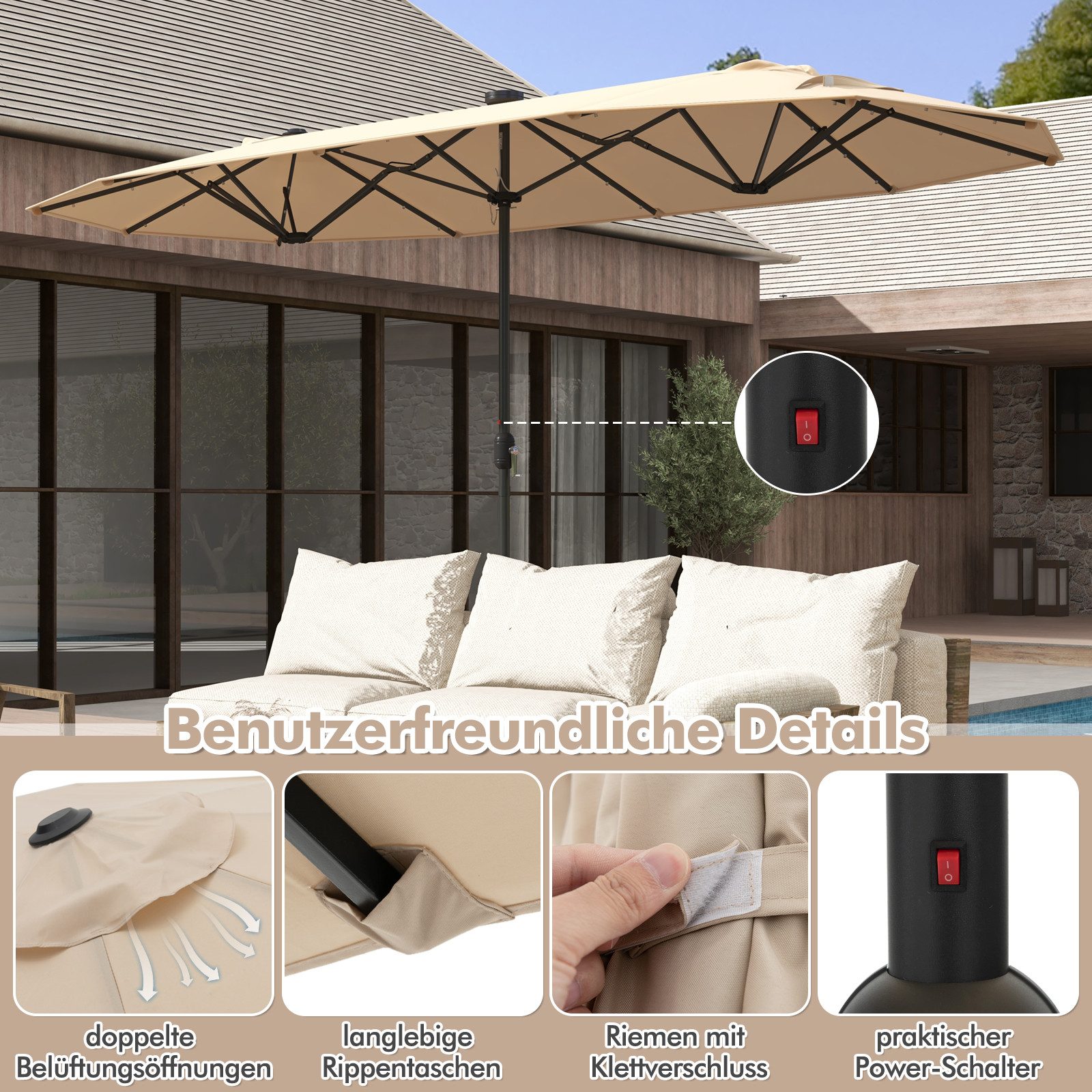 KOMFOTTEU Sonnenschirm, LED Doppelsonnenschirm mit Ständer, günstig online kaufen