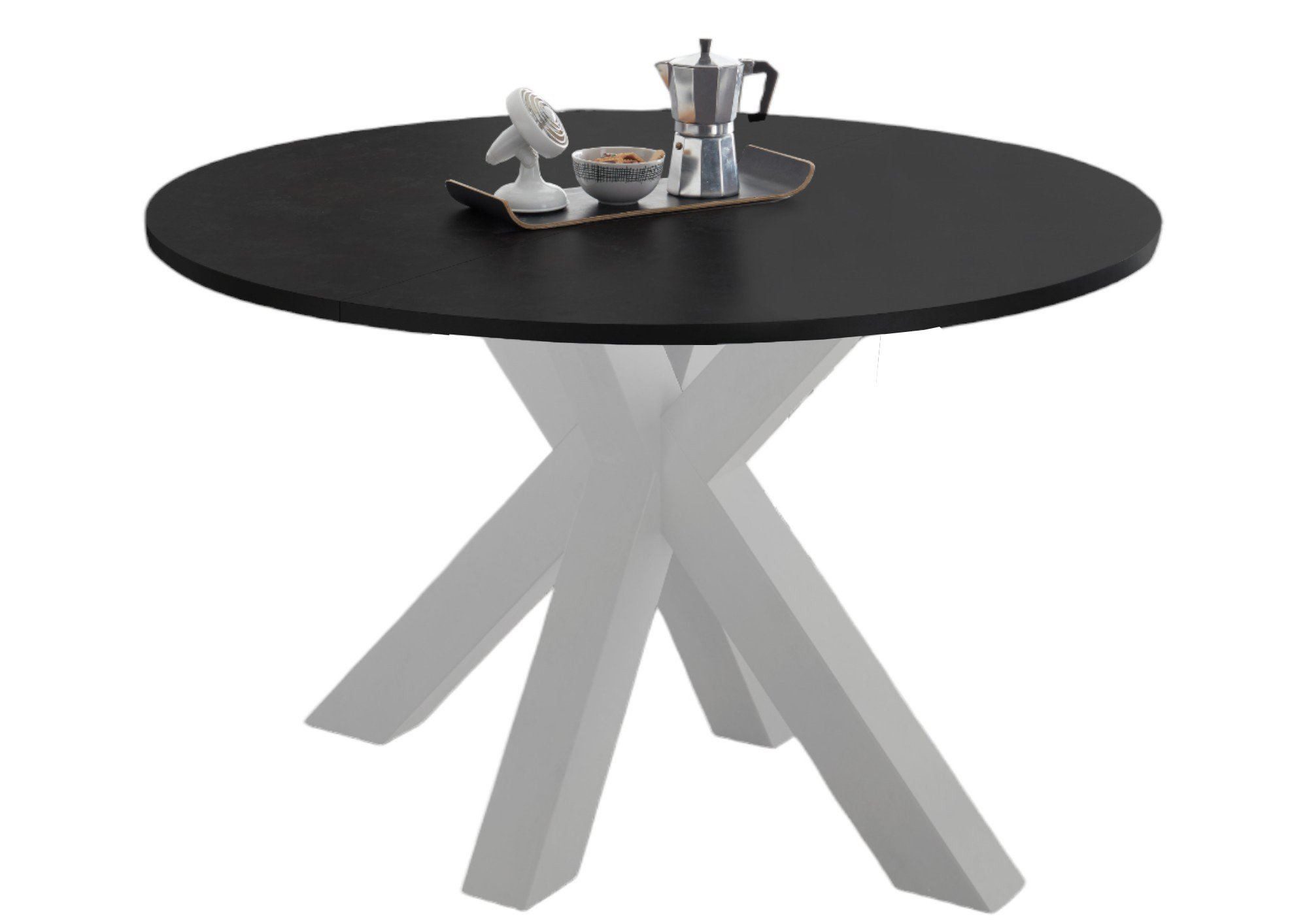 58 aufm Kessel Esstisch Rund ausziehbar Edda 10 Ø 110 cm Küchentisch Weiß Matt/Schwarzstahl (inkl. Lieferung, Esszimmertisch), Esszimmertisch erweiterbar auf 150 cm 4-Fuß Gestell in Sternfom