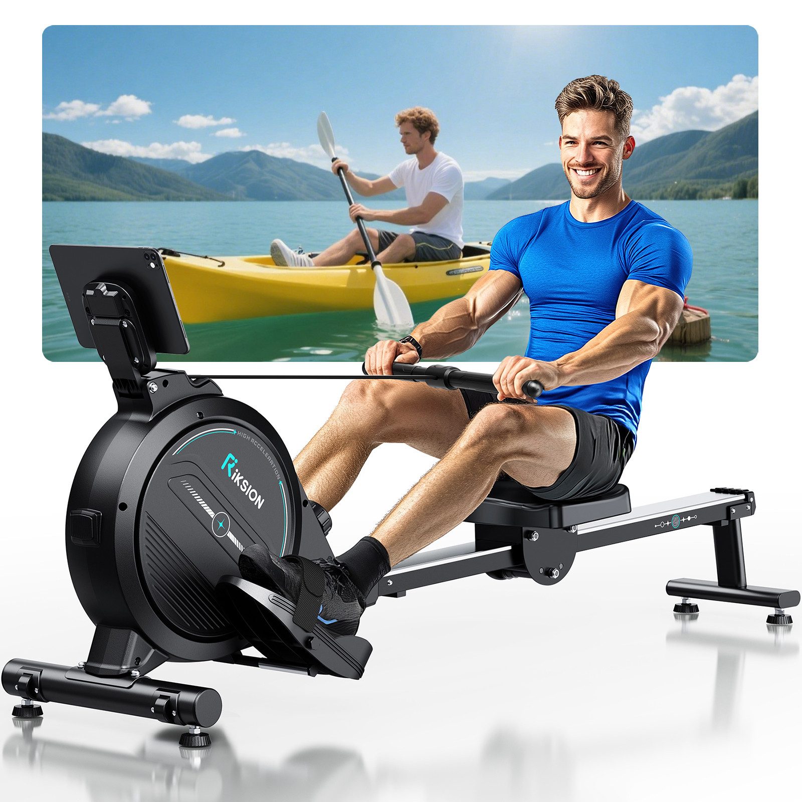 Wenoker Rudergerät Magnetisches Rudergerät mit Bluetooth-App und 16 Widerstandsstufen (Spar-Set, Montagewerkzeug, Rudergerät, Tablet-Halterung, LCD-Display), 16 Widerstandsstufen, App‑Verbindung, leises Magnetwiderstandssystem