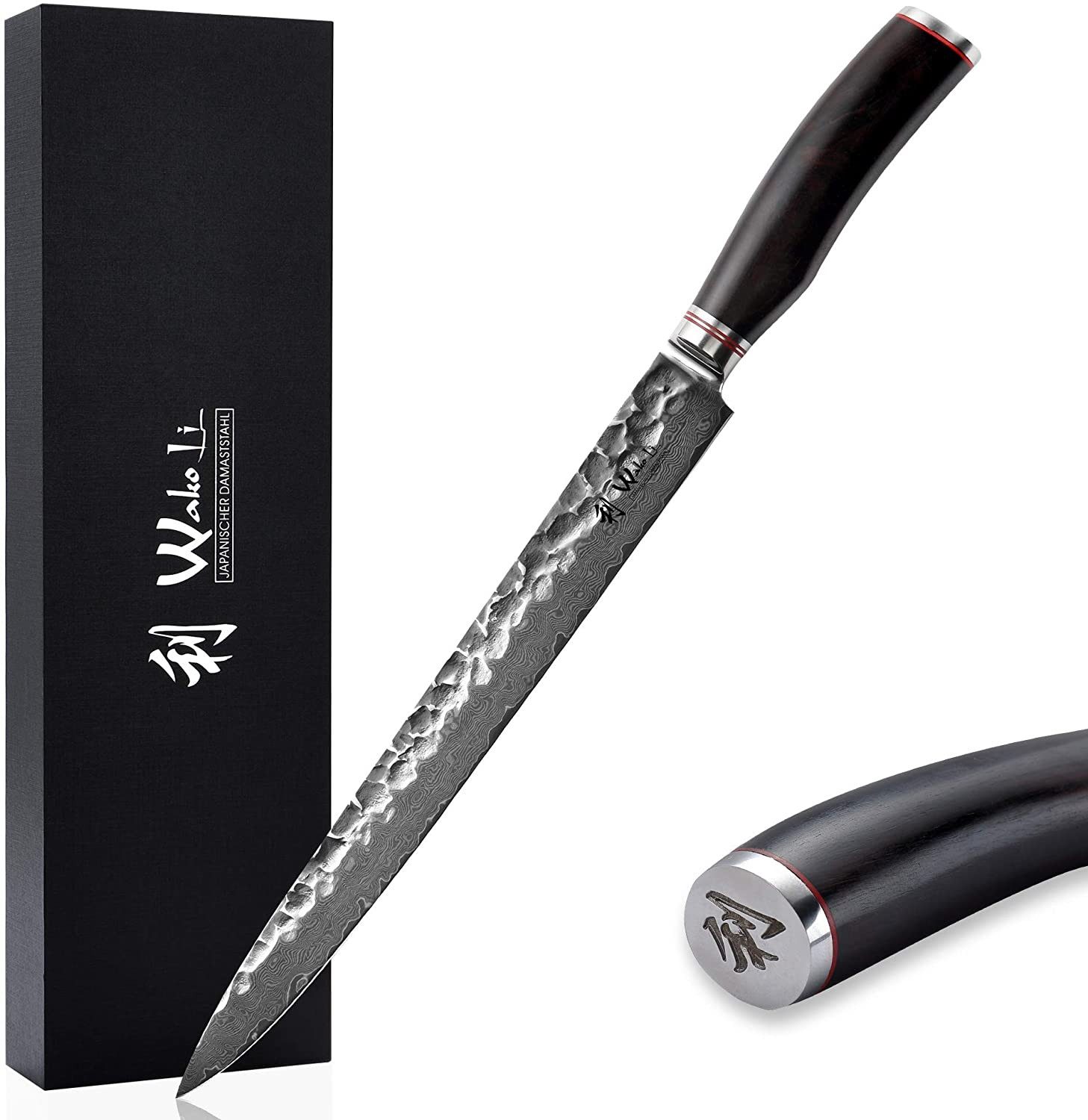 Wakoli Tranchiermesser Damast Sashimi Küchenmesser 25 cm Klinge mit Hammerschlag, aus 67 Lagen Damaststahl, VG10 Kern