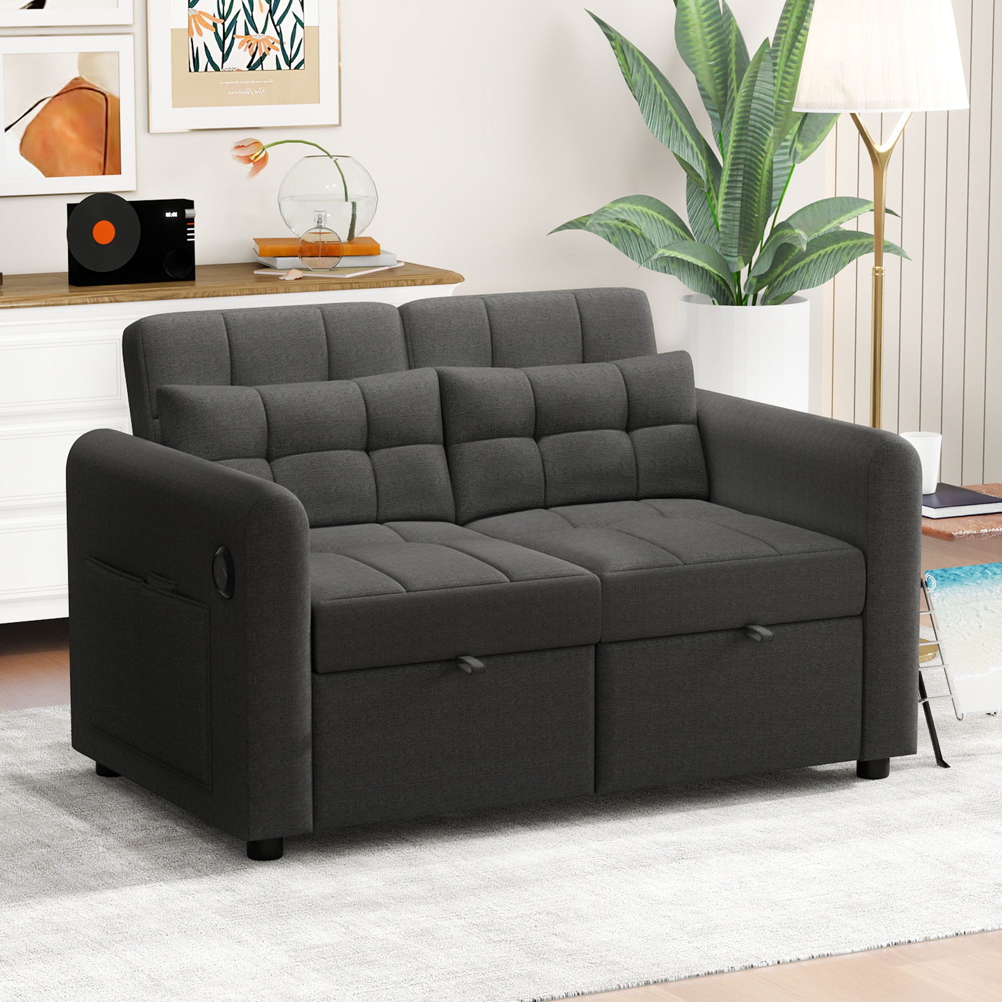 Odikalo Schlafsofa 3-in-1 2er-Sofa Ausziehbar Verstellbar Rückenlehne USB Weiß/Schwarz