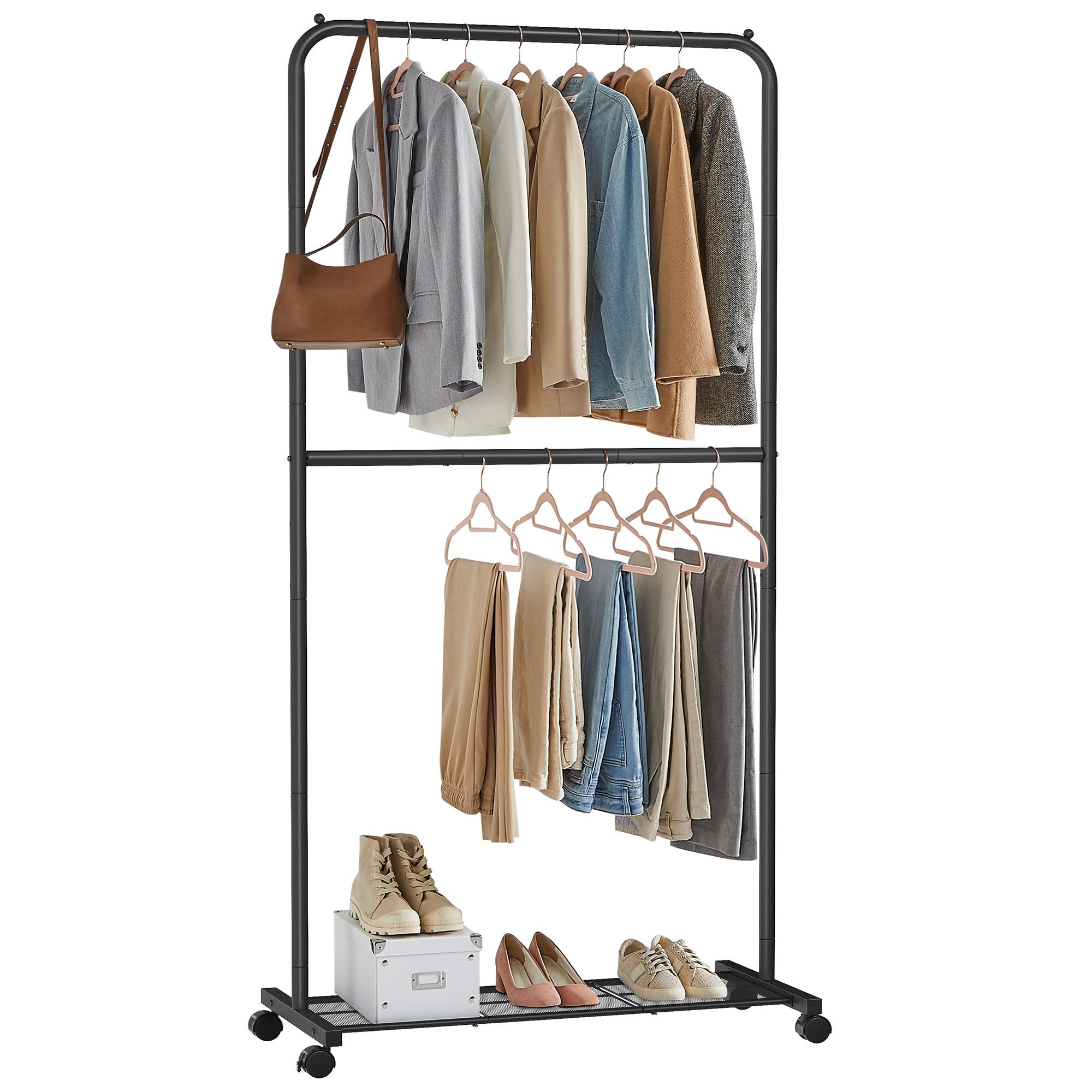 Boottique Kinder-Kleiderständer Mit 10 Grauen Samt-Kleiderbügeln & Rollen – Freistehend, 88 Cm Hoch, Für Kinderzimmer-Organisation