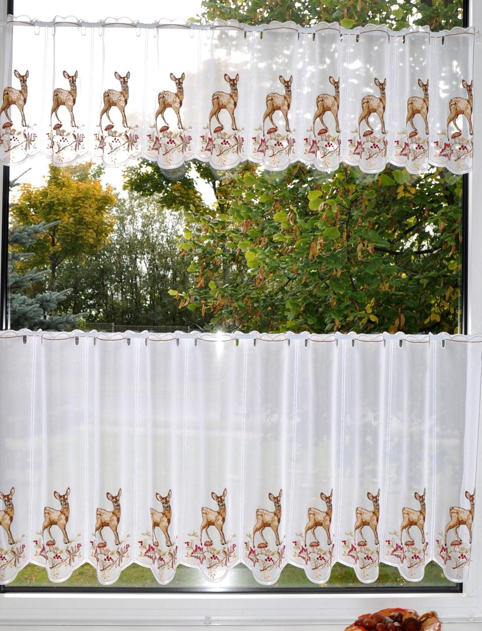 St), Scheibengardine transparent, Plauen, Stickereien Rehkitz (1 im Voile Herbst, Stangendurchzug