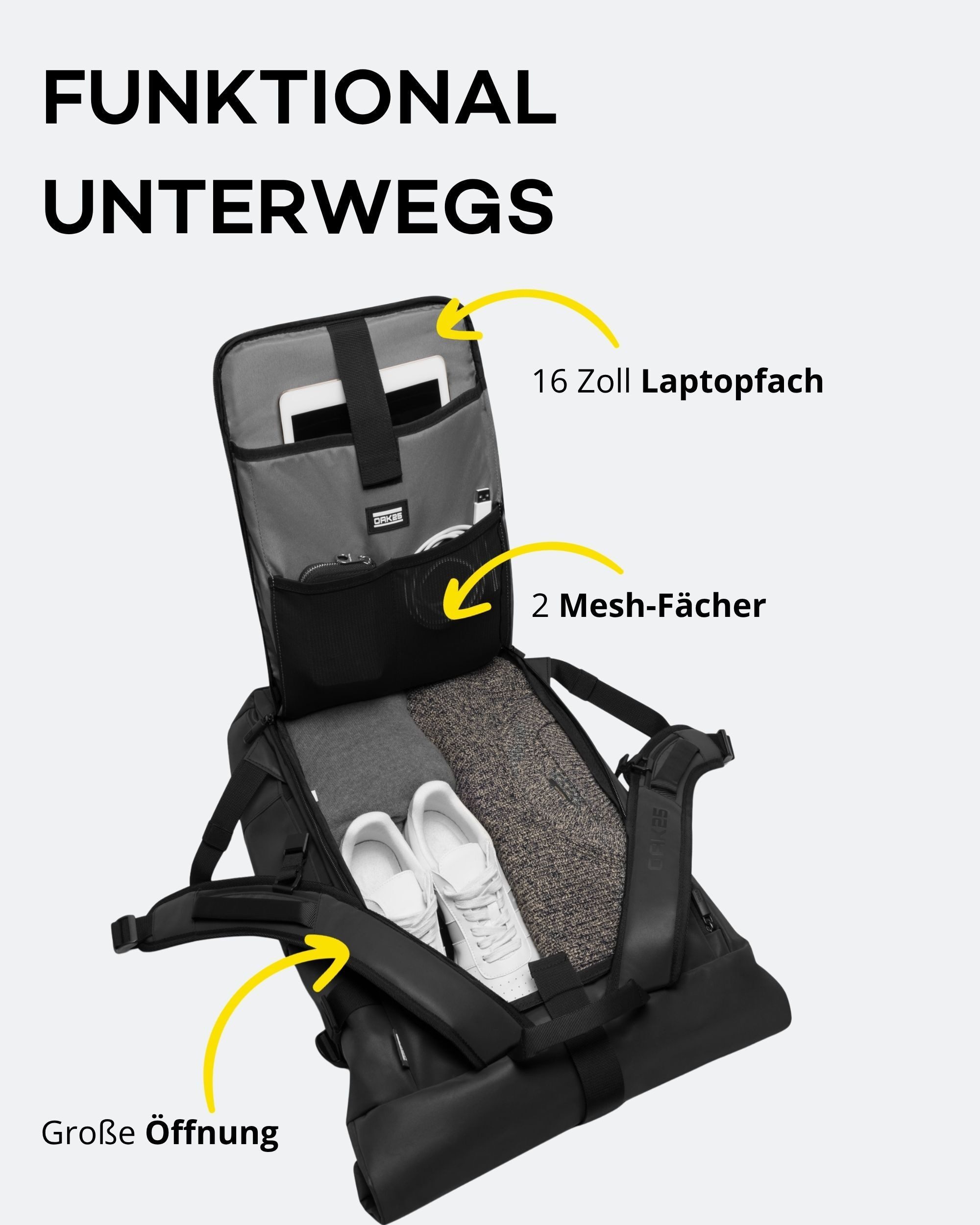 OAK25 Cityrucksack Luminite Rolltop Rucksack reflektierend (1-tlg), Roll Top Backpack mit Laptopfach bis 16 Zoll, wasserabweisend