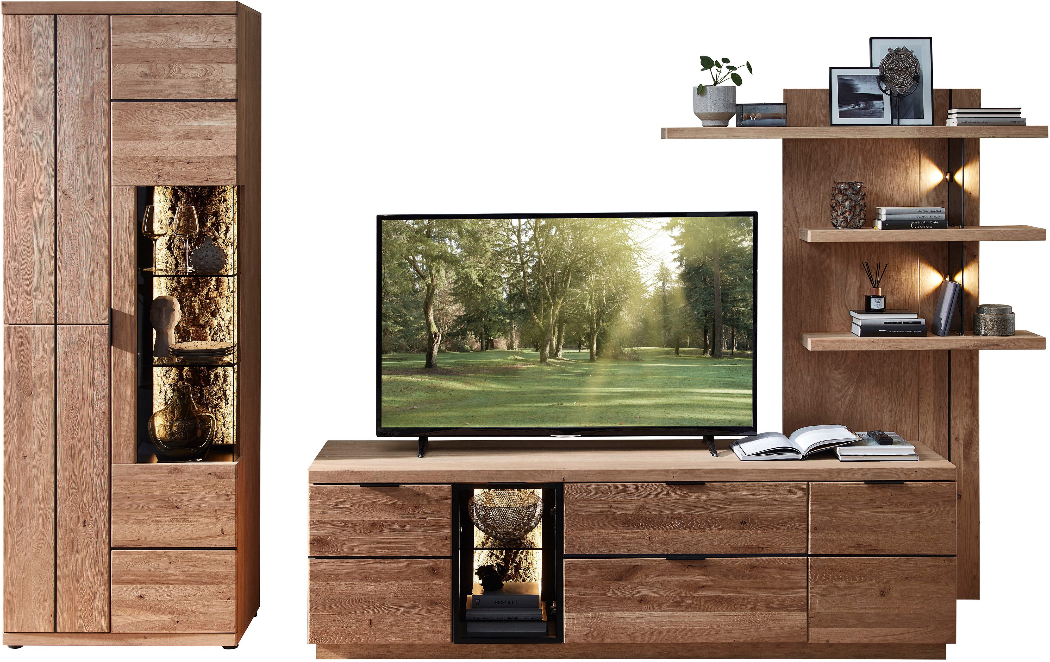 Innostyle Wohnwand Donna Wohnwand, 310x207x50 (BxHxT) Echtkork Absetzung, (3-St), Beleuchtung optional, Softclose, Vitrine L/R verwendbar