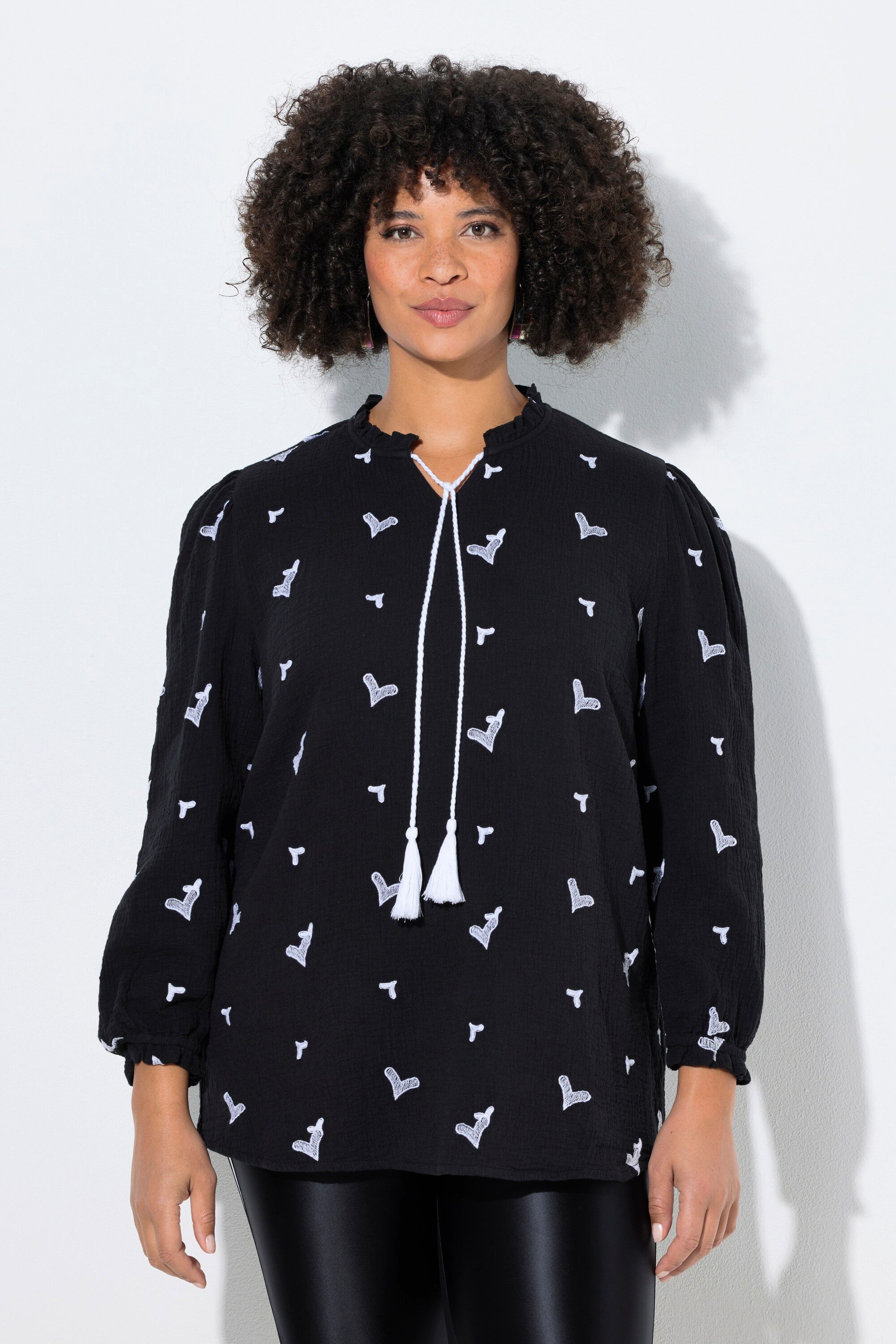 Angel of Style Longbluse Bluse A-Linie Musselin mit Herz-Stickerei Langarm