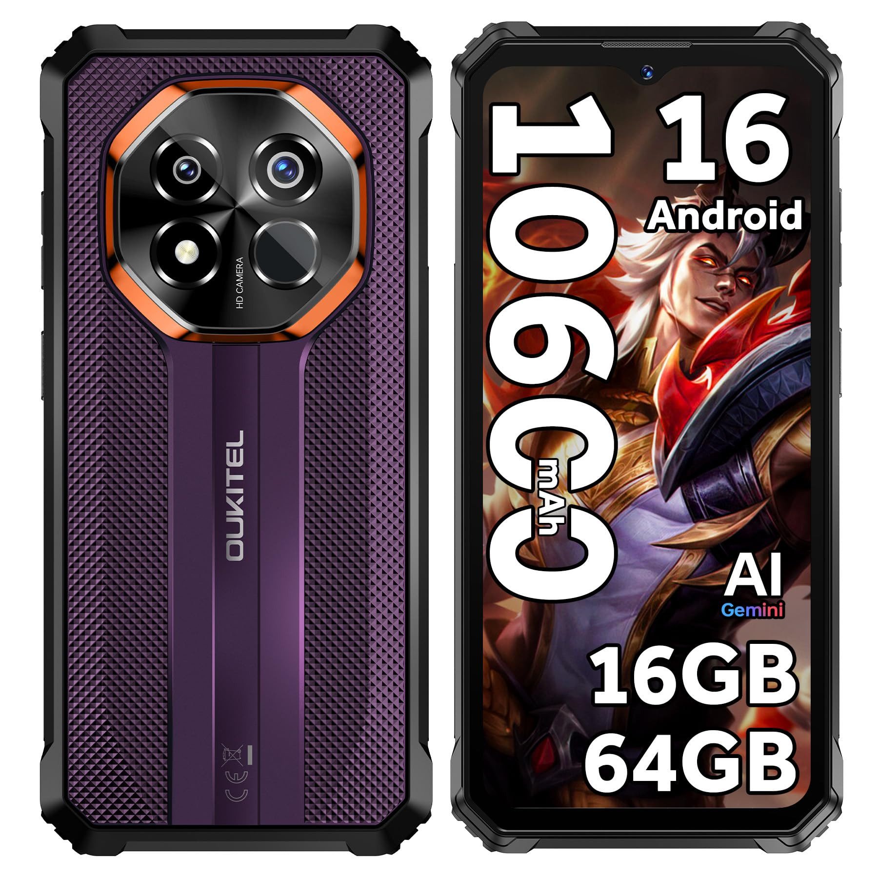 OUKITEL G7 Outdoor Handy Ohne Vertrag 10600mAh akku Android 16 Smartphone (16,56 cm/6.52 Zoll, 64 GB Speicherplatz, 16 MP Kamera, 10600mAh, 16GB+64GB, IP68/IP69K, 16MP Kamera, GPS)