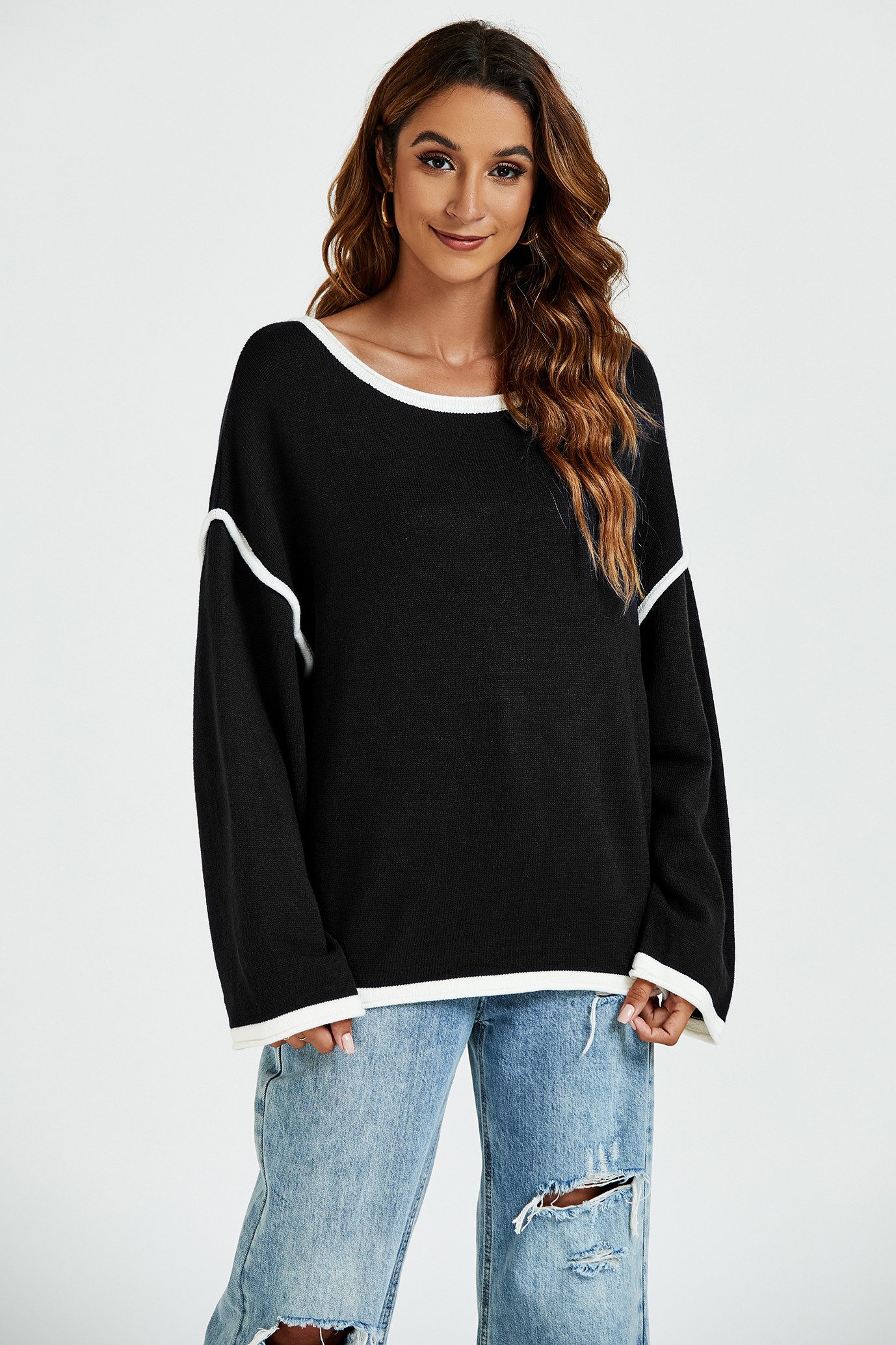 FS Collection Strickpullover Trendiges Oversize Pullovertop Pulloveroberteil – Damen Strick (Einheitsgröße: UK 8–16 / EU 36–44, 4 Farben: Marineblau, Beige, Schwarz und Khakigrün) 85 % Acryl, 15 % Polyester
