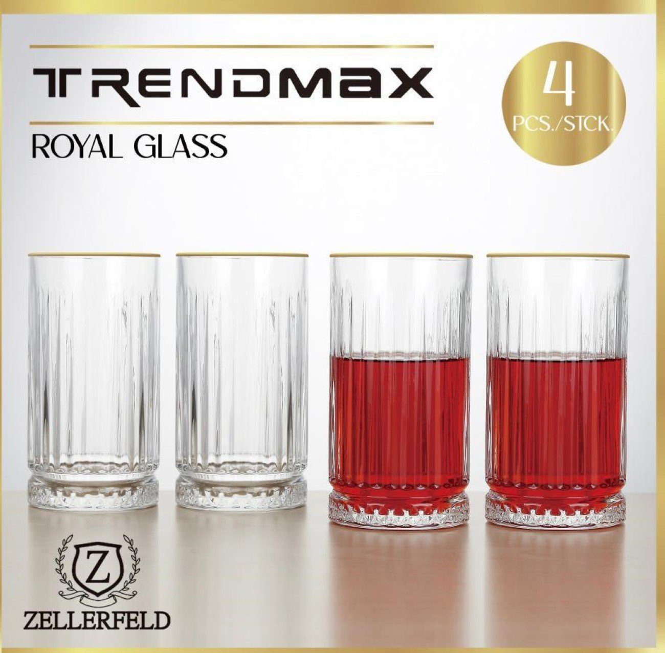 ZELLERFELD Gläser-Set 4er- Set Glas mit Goldumrandung Trinkgläser Wassergläser transparent, 4-tlg.
