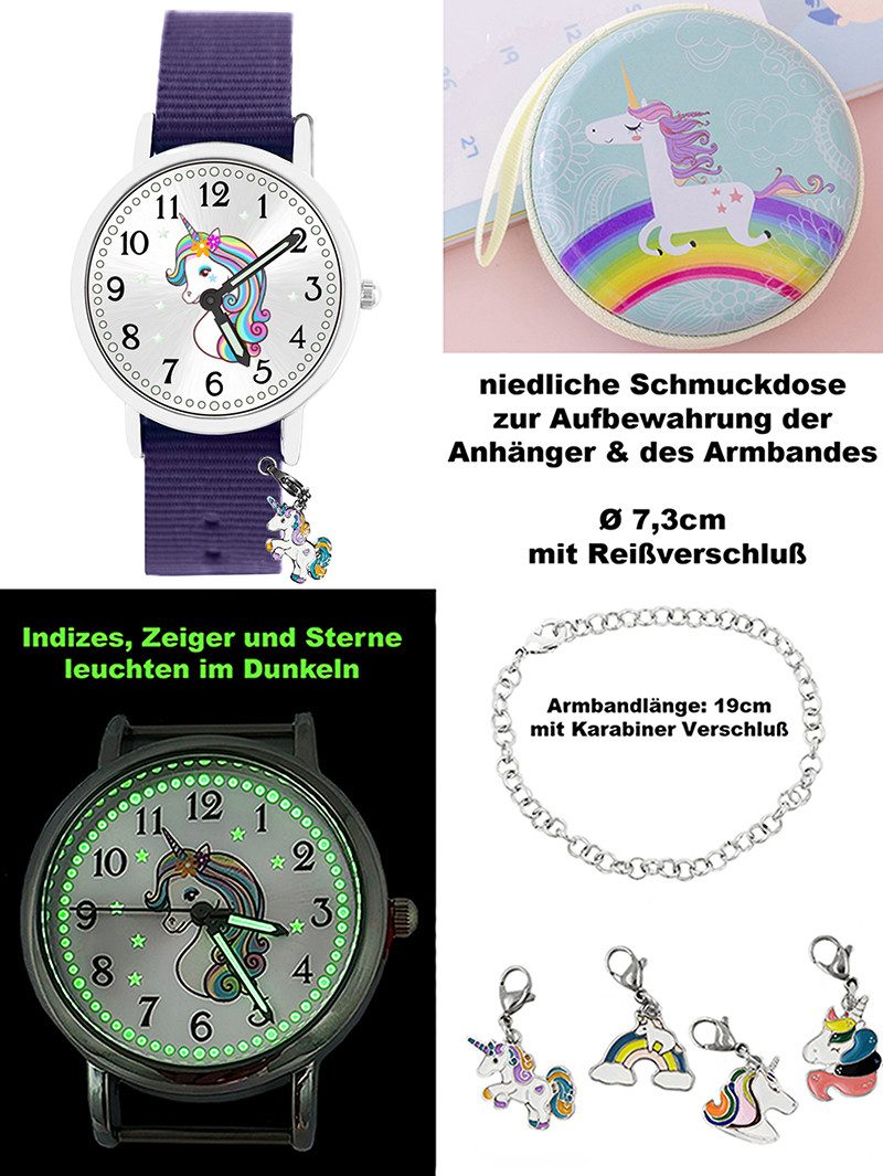 Brecjon Quarzuhr Kinder Armbanduhr Einhorn mit Charms Leuchtsterne Wechselarmband 5ATM, Mix und Match Design - kostenloser Versand