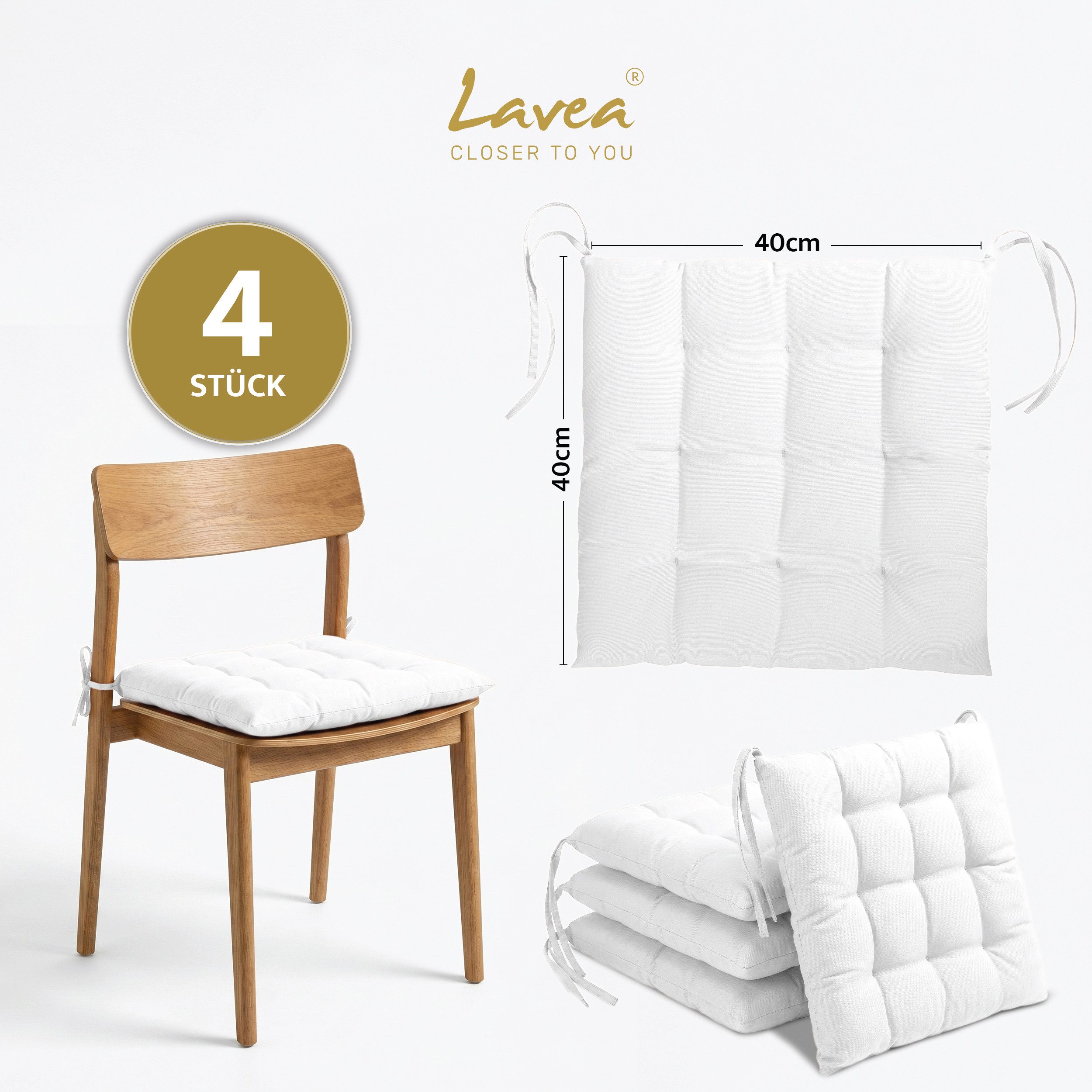 Lavea Stuhlkissen Lavea® Sitzkissen & Stuhlkissen 40x40 cm – 4er/8er Set, 40x40x3 cm, mit Stoffbändern, Indoor & Outdoor, für Garten & Balkon